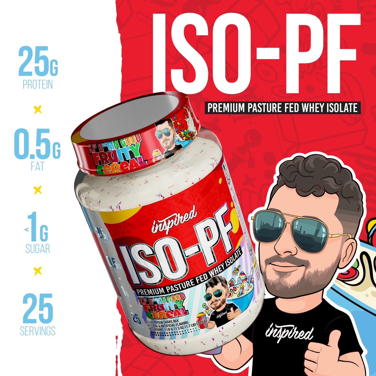 Inspired Nutraceuticals ISO-PF Grass Fed Whey Protein Isolate Powder, Free from Hormones, GMOs and Antibiotics, Fruity Cereal, 27.5 oz