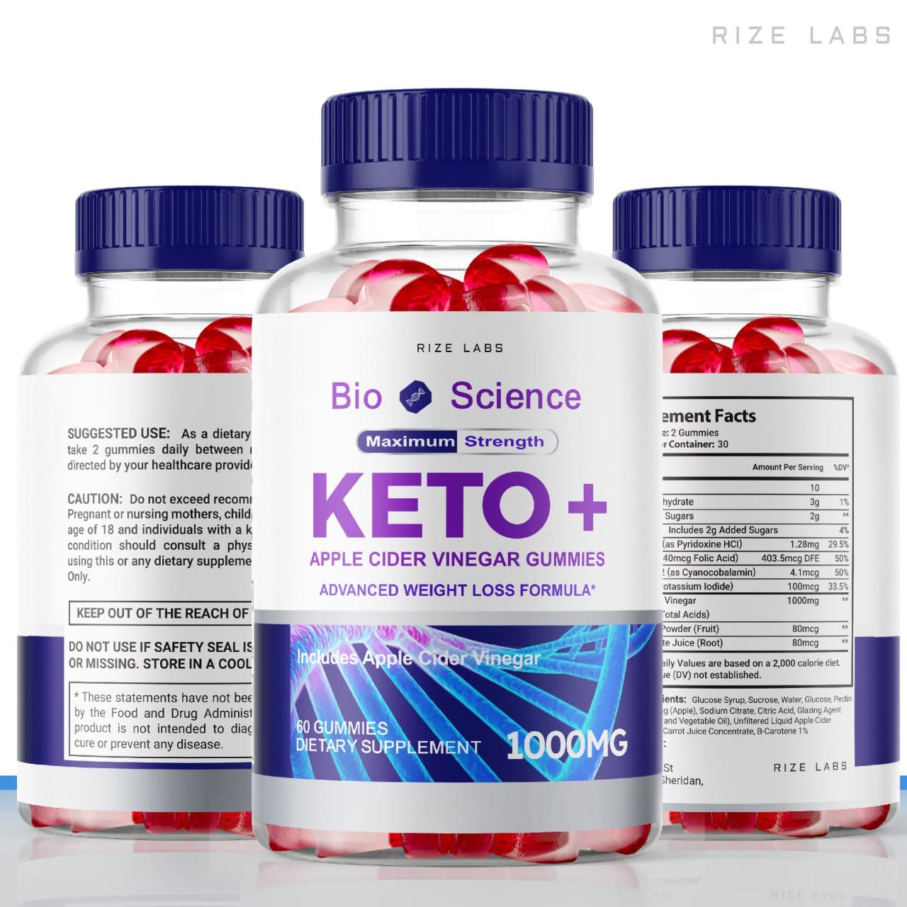 Rize Labs Bio Science Keto Plus Gummies for Weight Loss, Extra Strength, Apple Cider Vinegar, 60 Gummies