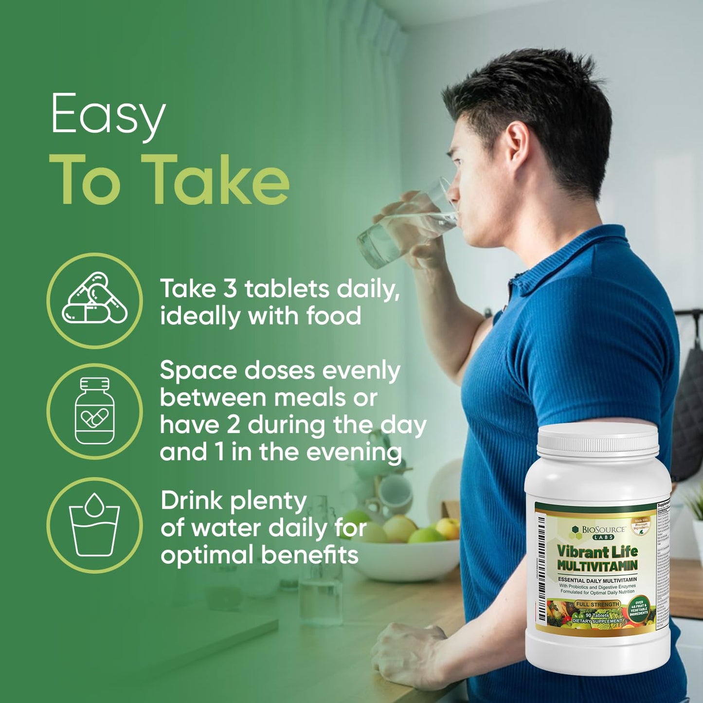 BioSource Labs Vibrant Life Multivitamin with Probiotics, Digestive Enzymes & B-Complex – Over 45 Fruits and Veggies, Non-GMO, Gluten-Free, Daily Vitamins & Minerals for Men & Women 90 Tablets