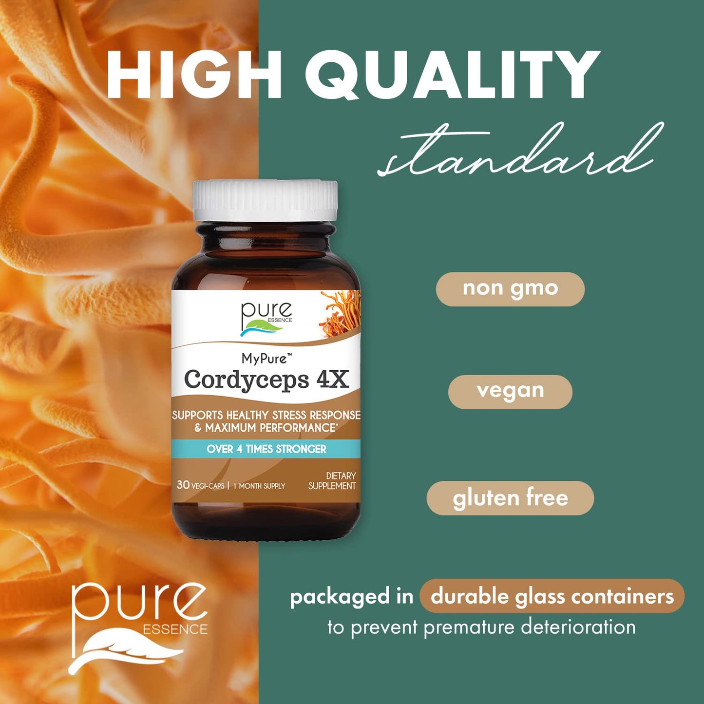 Pure Essence Labs MyPure Cordyceps 4X Mushrooms Capsules, 30 Count