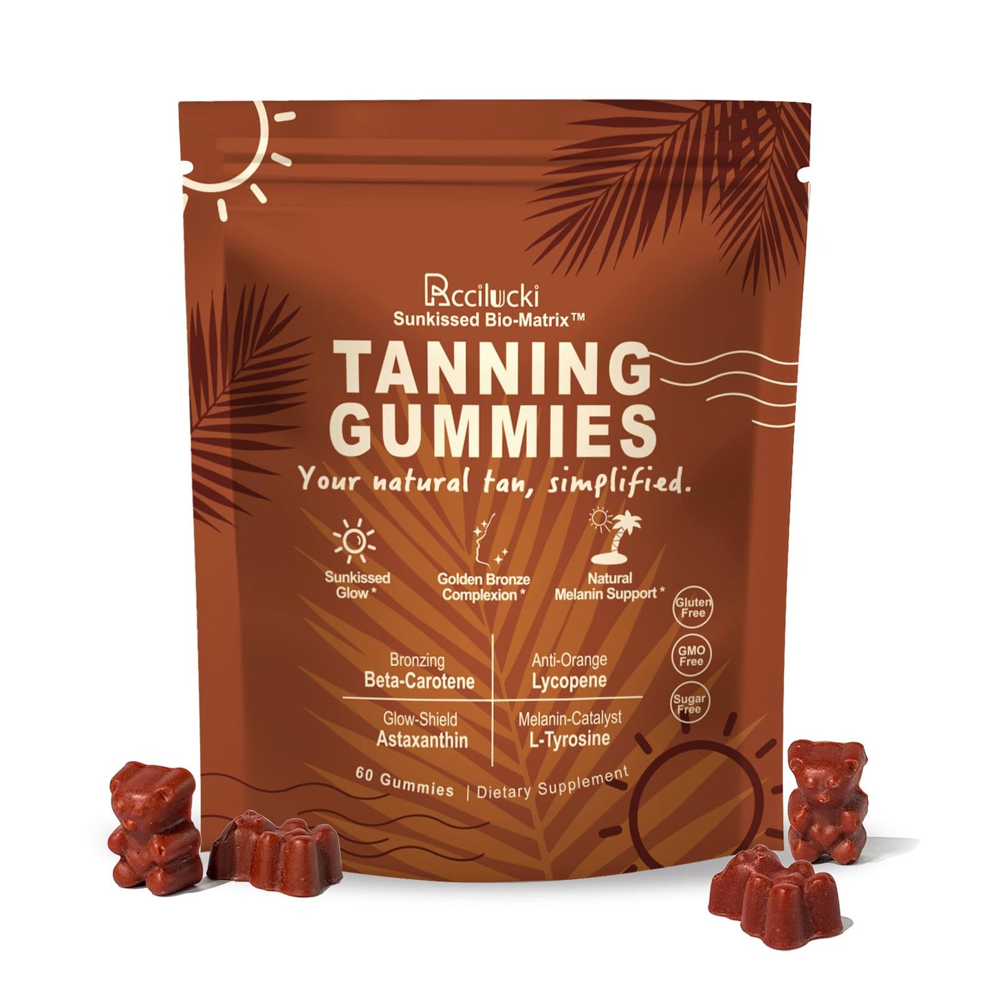 Rccilucki Tanning Gummies with L-Tyrosine & Astaxanthin, Beta Carotene & Lycopene for Natural Golden Glow, Watermelon Flavor, 60 Gummies
