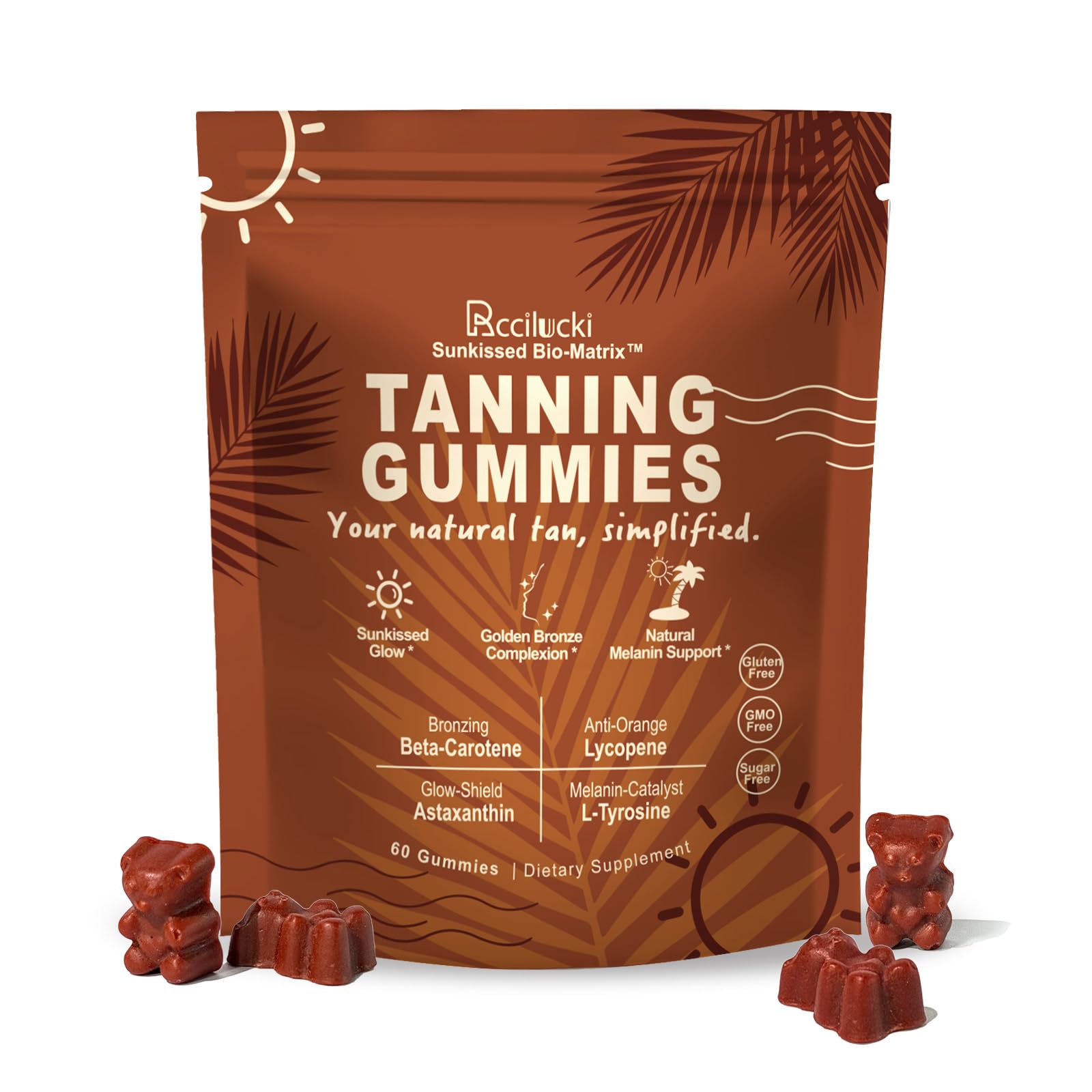 Rccilucki Tanning Gummies with L-Tyrosine & Astaxanthin, Beta Carotene & Lycopene for Natural Golden Glow, Watermelon Flavor, 60 Gummies