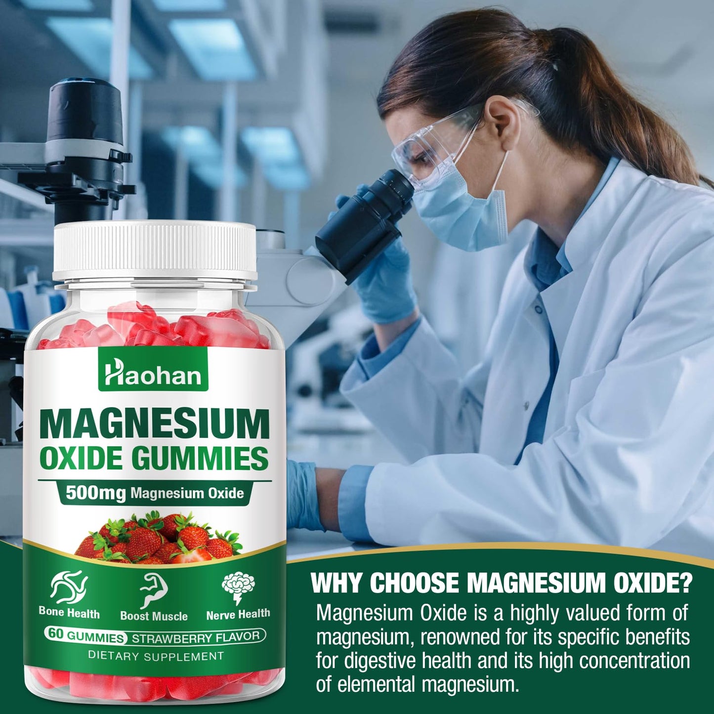 Haohan Magnesium Oxide Gummies 500mg Strawberry Flavor Chewable Supplement for Adults & Kids with Nerve & Muscle Support, 60 Count