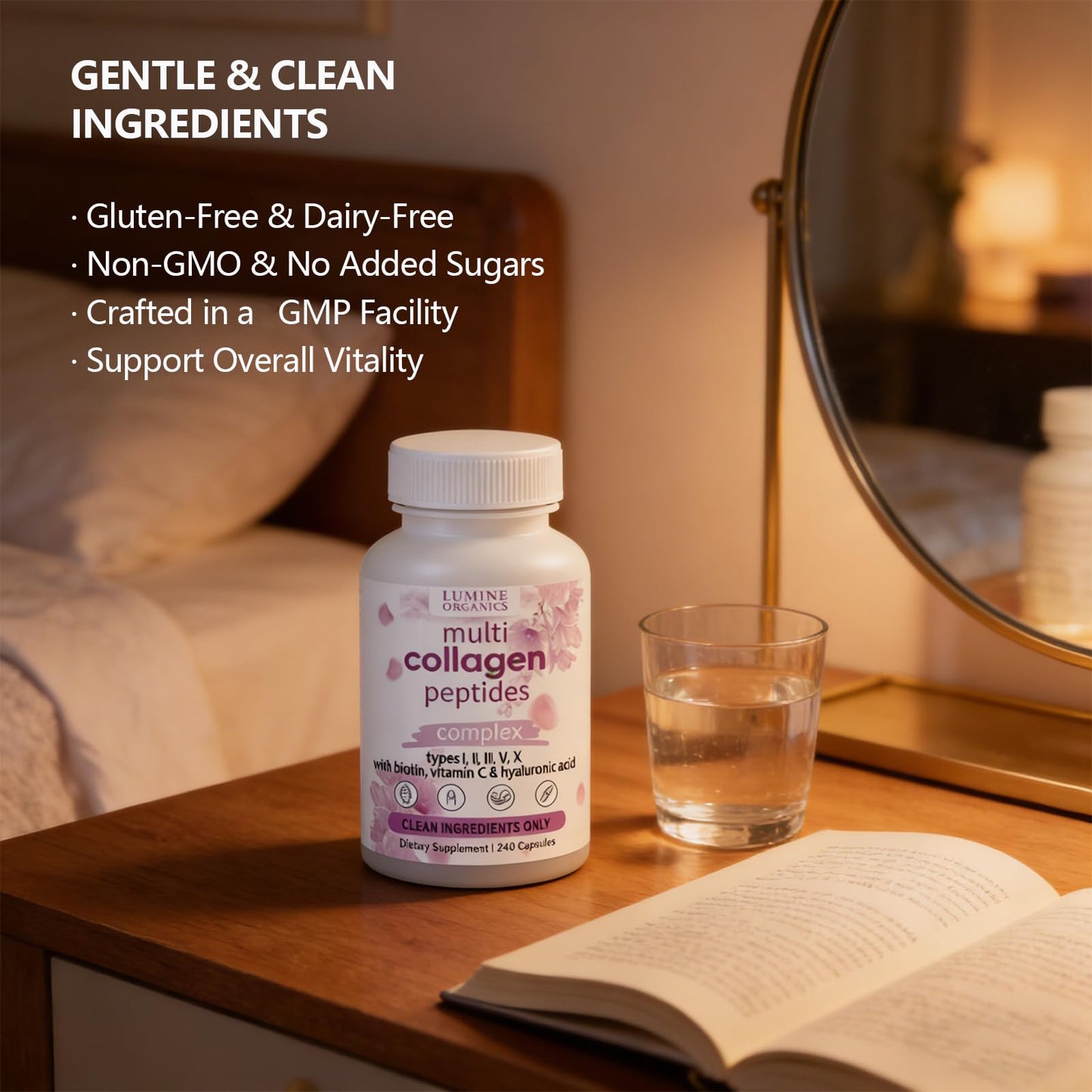 Lumine Organics Collagen Peptides Capsules with Biotin, Hyaluronic Acid, Vitamin C, Non-GMO, 240 Count