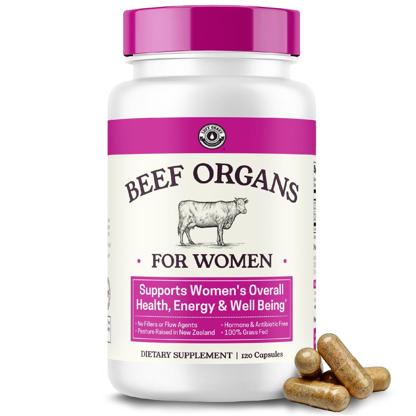Left Coast Performance Hydrolyzed Multi Collagen Peptides & Beef Organ Supplement for Women Capsules, 240
