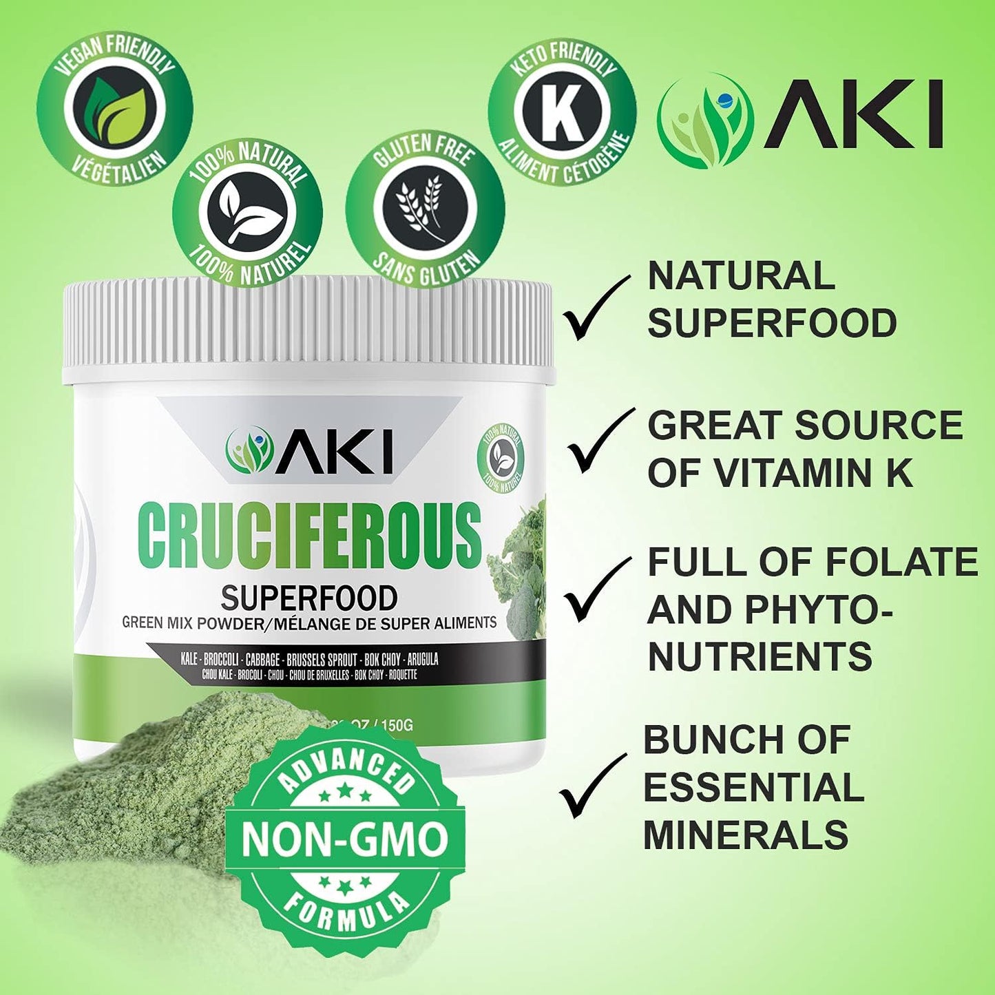 AKI ORGANIC Cruciferous Superfood Green Mix Powder, 5.3 oz