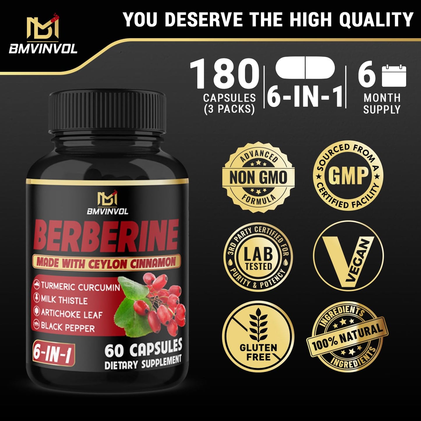BMVINVOL Berberine Supplement Plus Ceylon Cinnamon, Milk Thistle, Turmeric, Artichoke Leaf, Black Pepper Capsules, 180 Capsules