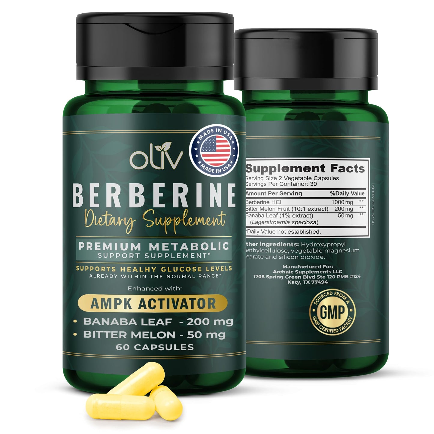 oliv Pure Berberine Supplement 60 Capsules