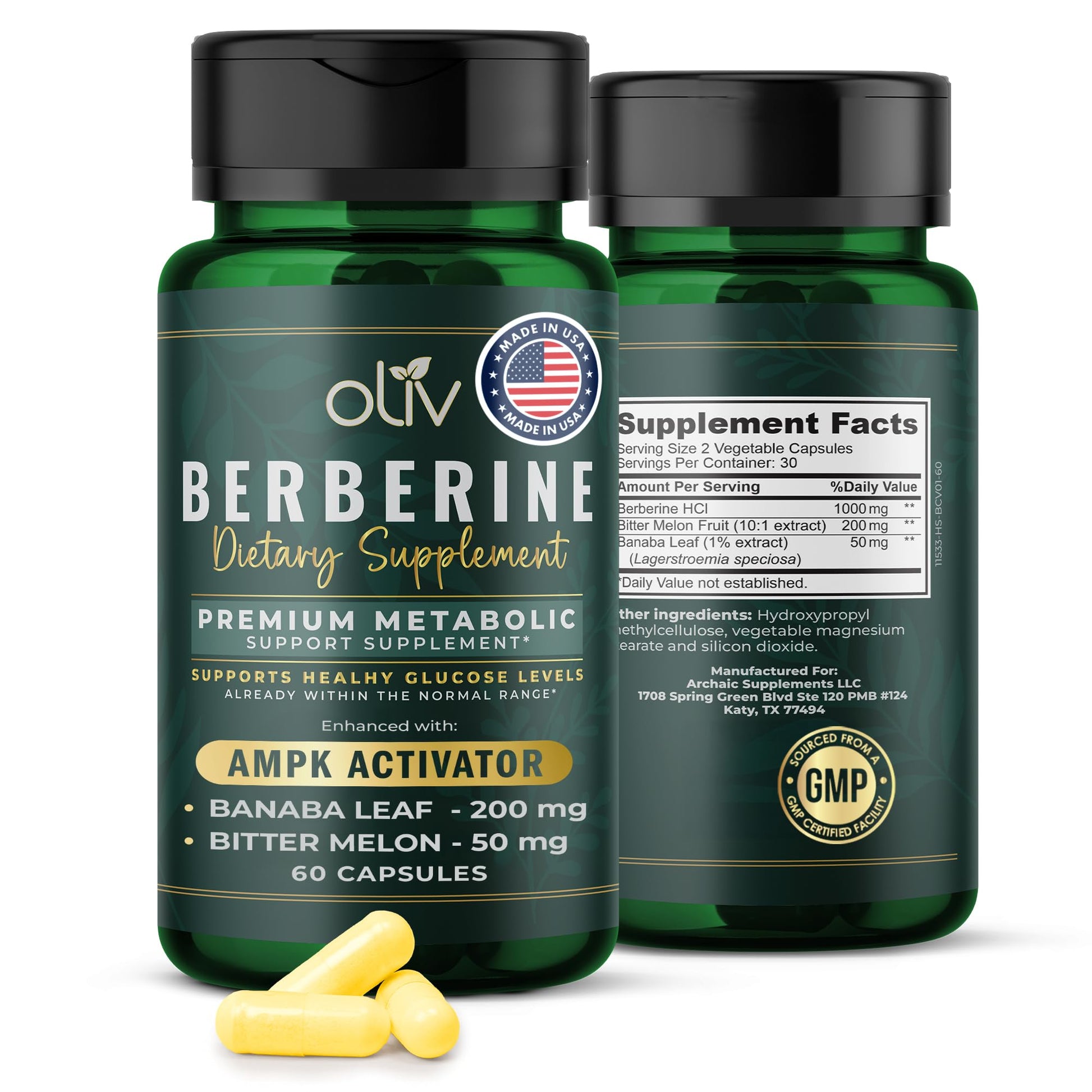 oliv Pure Berberine Supplement 60 Capsules