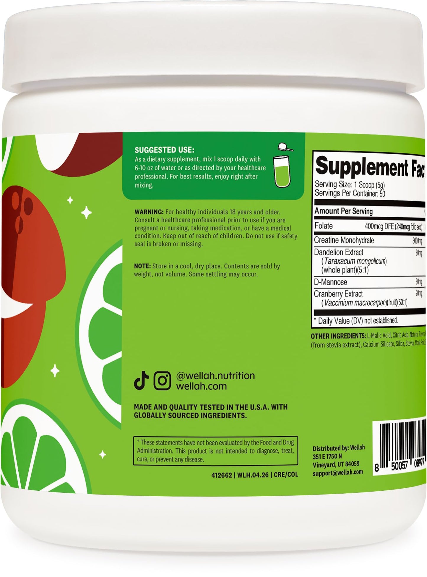 Wellah Creatine for Women (Coconut Lime) Powder, 50 Servings