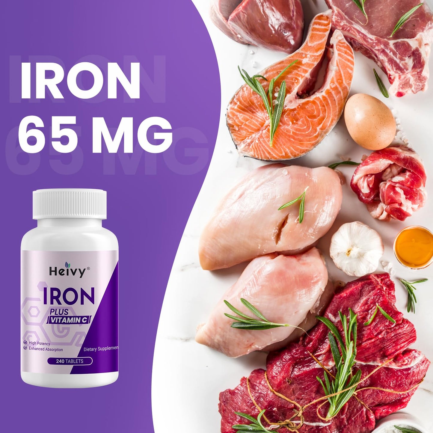 Heivy Ferrous Sulfate 325mg (Iron 65mg), High Potency Iron Supplement for Women and Men with Vitamin C, Non-GMO, 480 Tablets