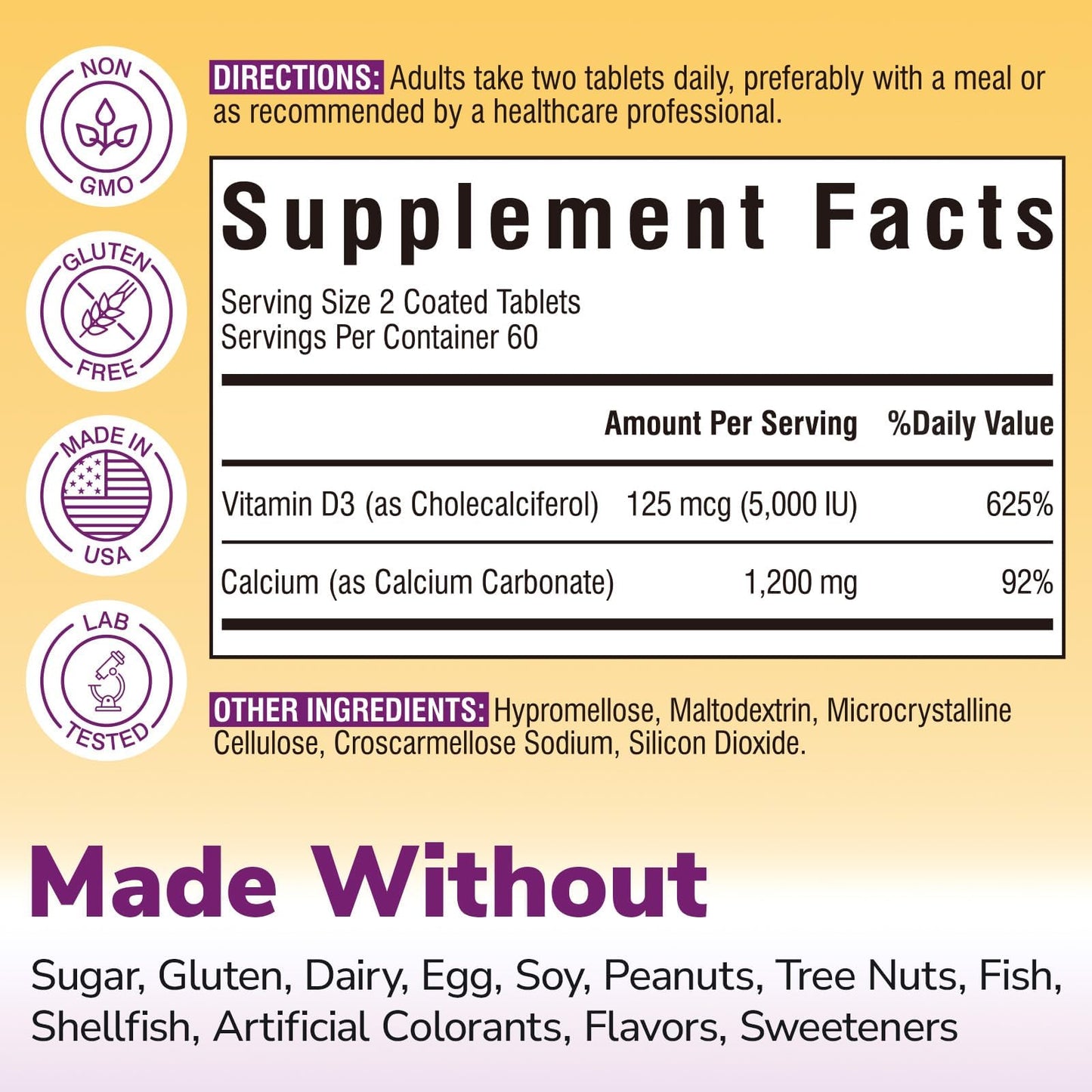 Vitalibre Calcium Supplements for Women, Calcium 1200 mg with Vitamin D3 5000IU, 120 Tablets