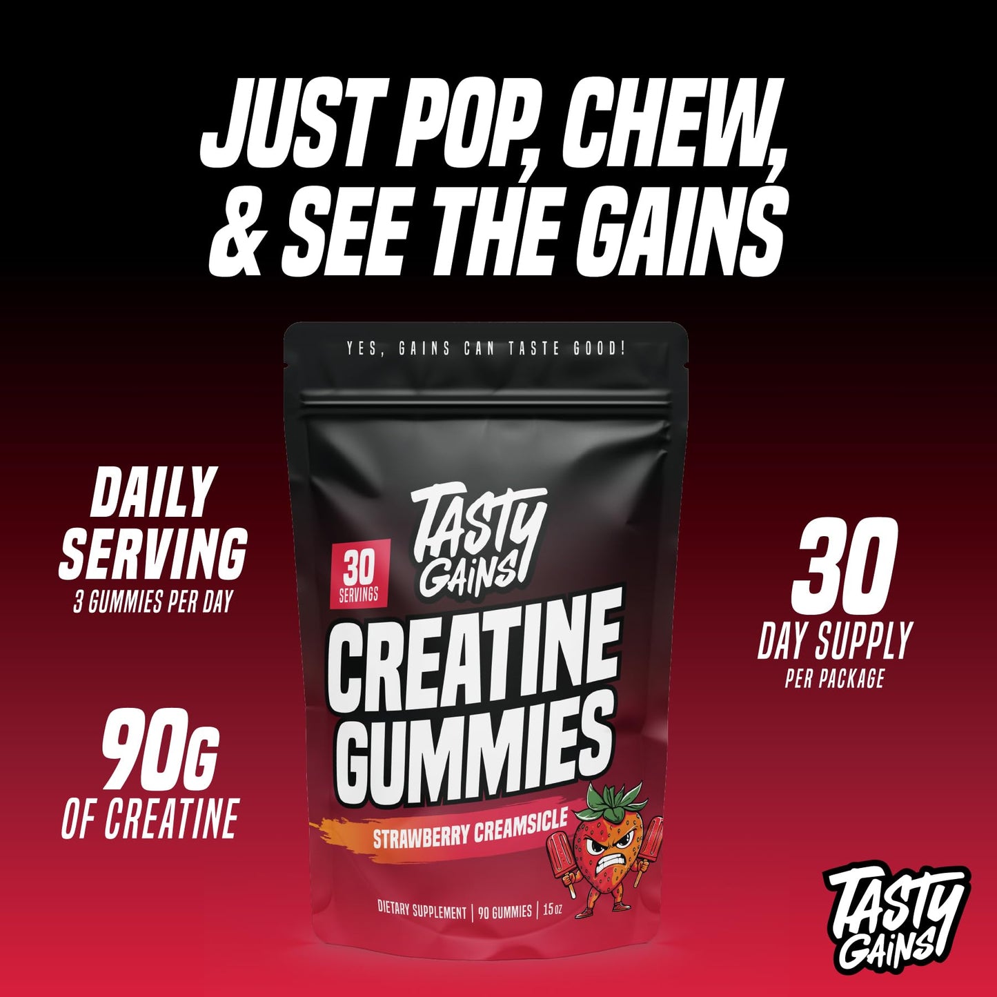 TASTY GAINS Creatine Monohydrate Gummies 90 Count