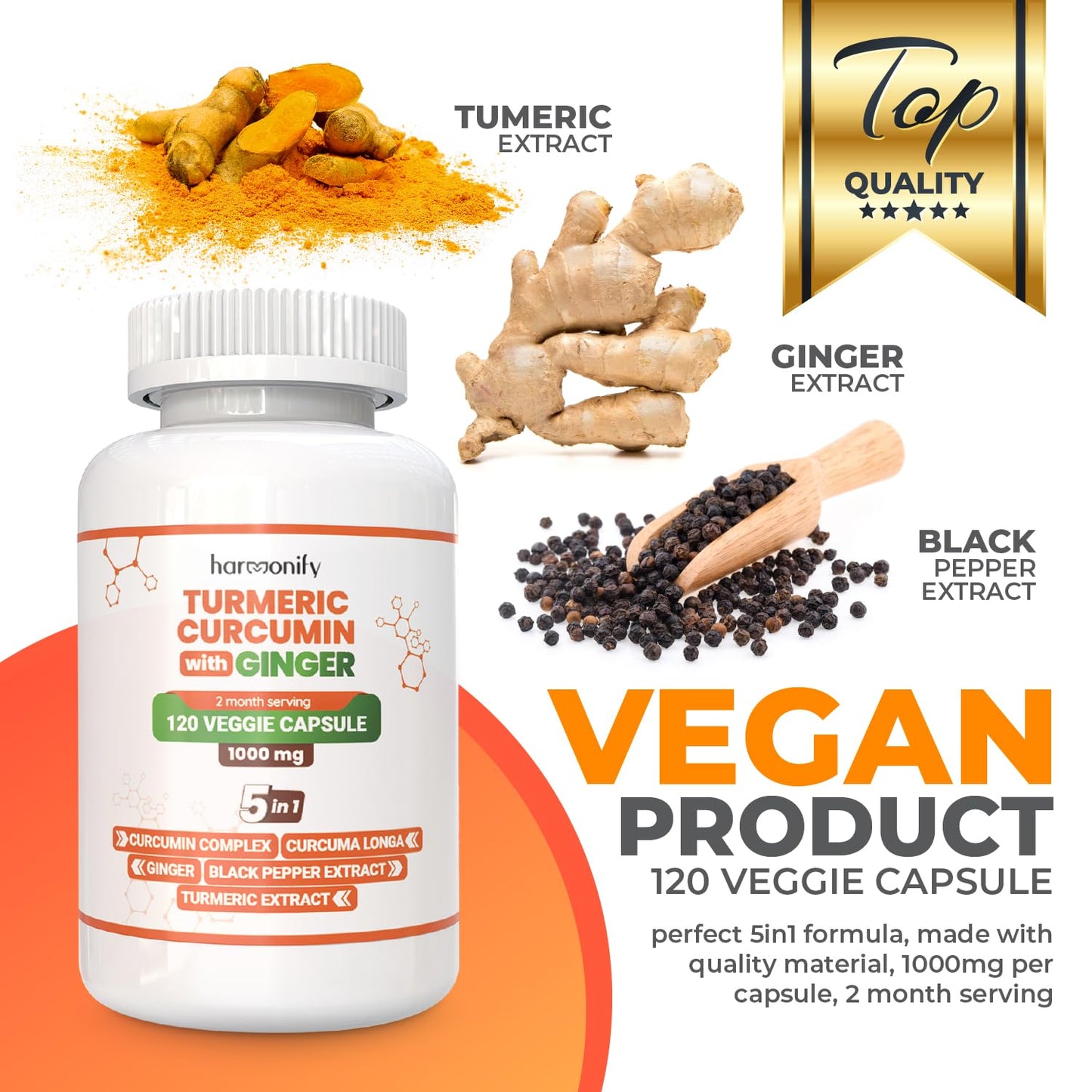 HARMONIFY Turmeric Curcumin Supplement with Ginger, Ceylon Cinnamon and Black Pepper Complex 5 in 1 Formula, Curcuma Longa, Max Absorption, 1000 mg, 120 Capsules
