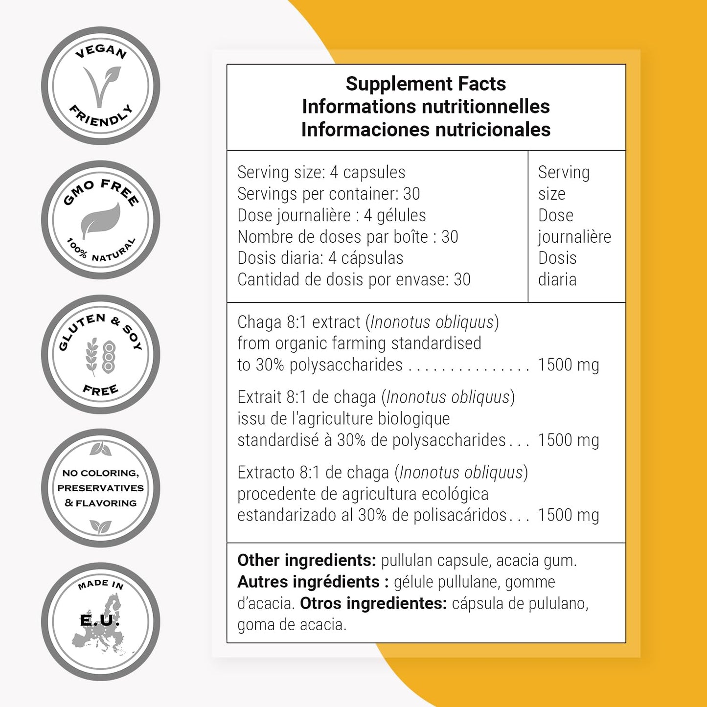 Supersmart Organic Chaga Extract 1500mg per Day (High Strength) - Wild & Hand Picked Chaga Mushrooms Supplement, 90 Capsules