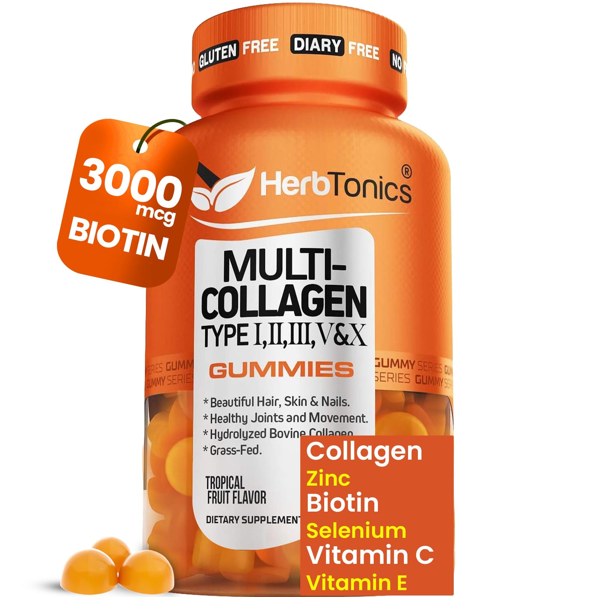 Herbtonics Multi Collagen Gummies with Biotin & Vitamin C, Hydrolyzed Collagen Peptides Types I, II, III, V, X for Hair, Skin, Nails & Bone Support — 60 Gummies
