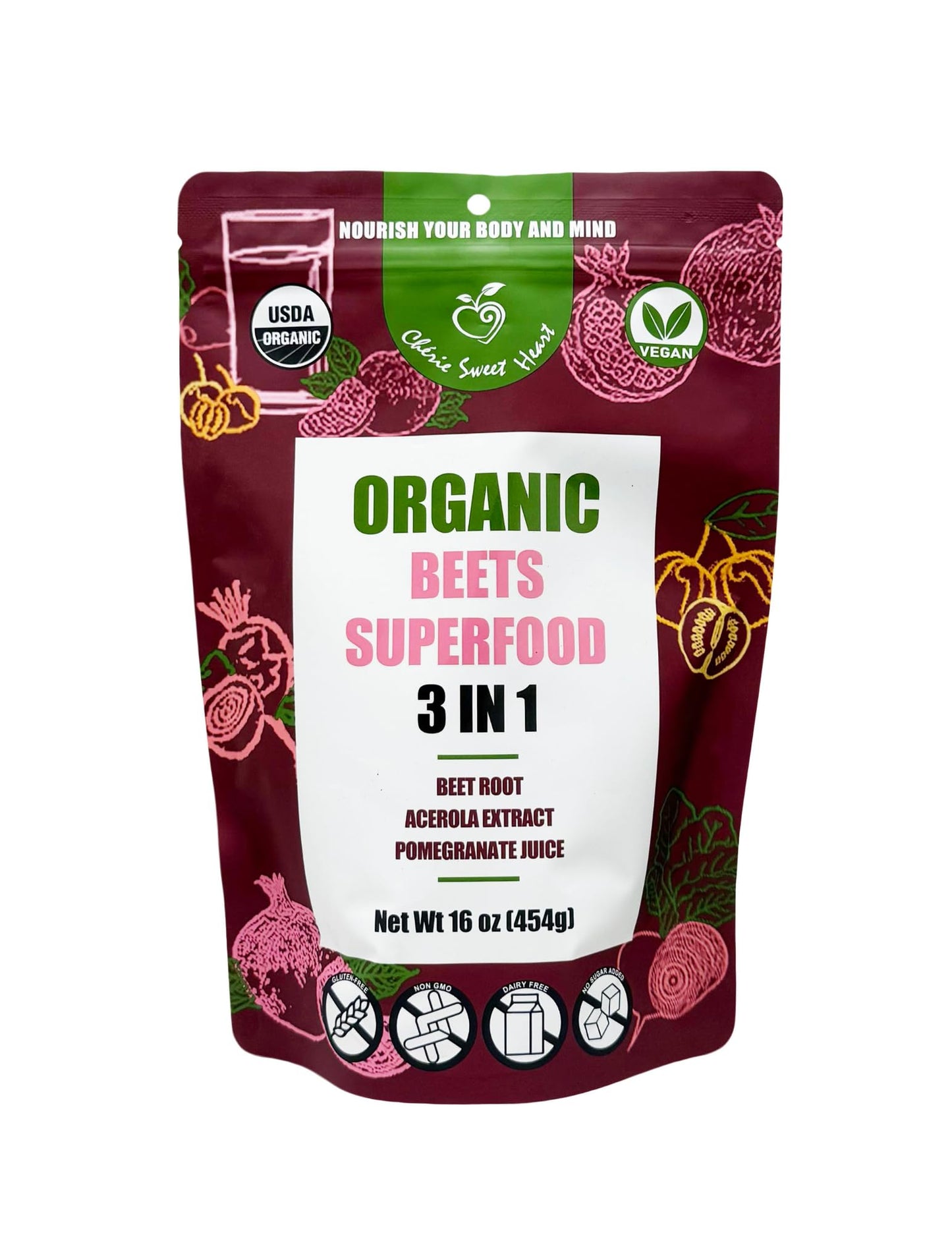 Chérie Sweet Heart Beets Superfood Powder, USDA Organic, 3-in-1 Nitric Oxide, 10 Servings, 16 oz Pouch