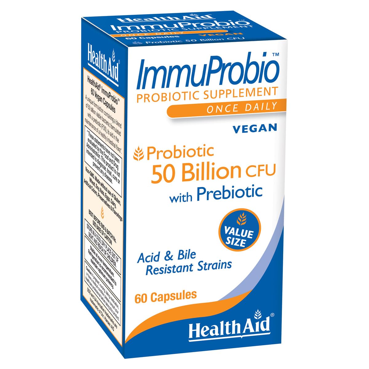 HealthAid ImmuProbio 50 Billion CFU Probiotic Once Daily Digestive & Immune Support with Prebiotic (FOS) & DDS-1 Strain Acid & Bile Resistant Vegan Capsules 60 Count