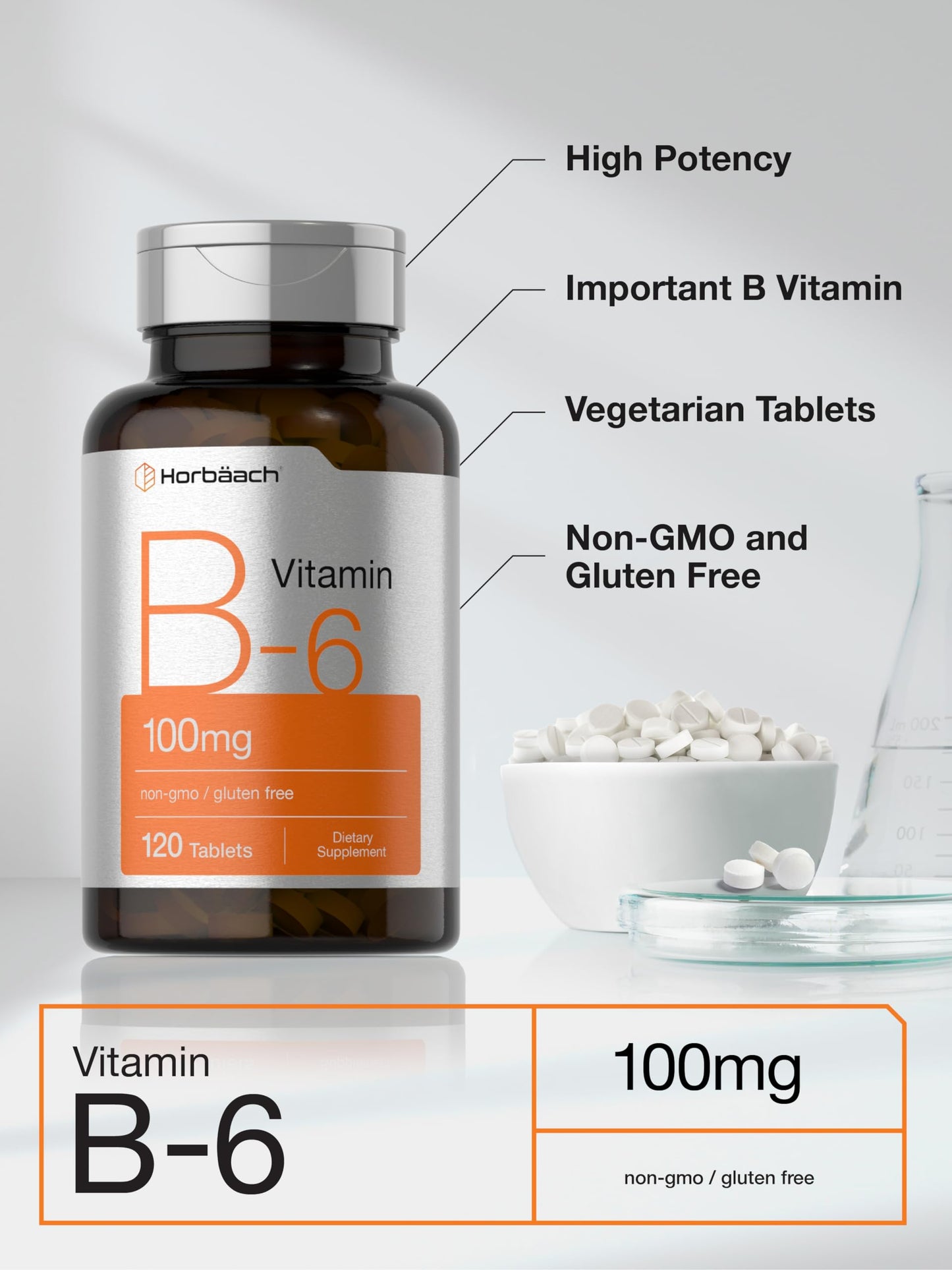 Horbäach Vitamin B6 100mg Pyridoxine HCl, 120 Tablets
