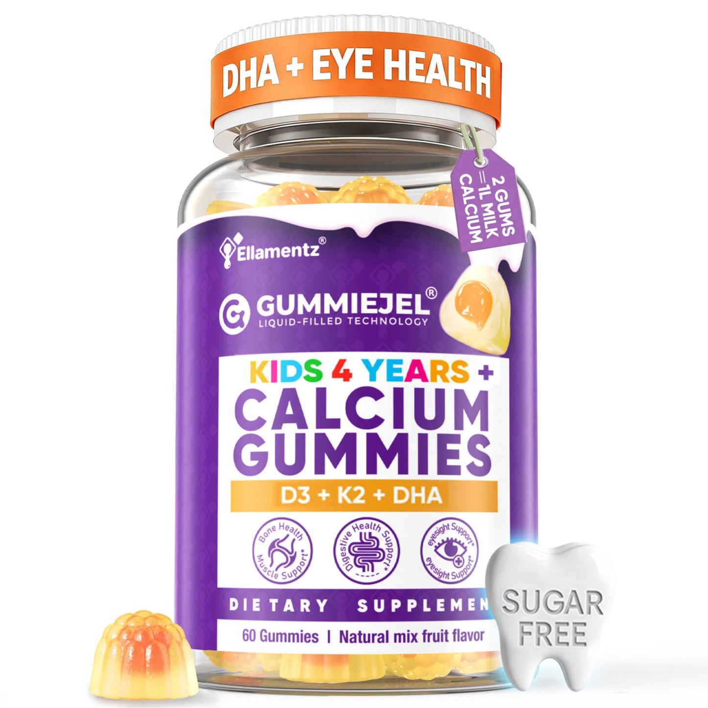 ELLAMENTZ Sugar-Free Kids Calcium Gummies 4–12, 60 Count