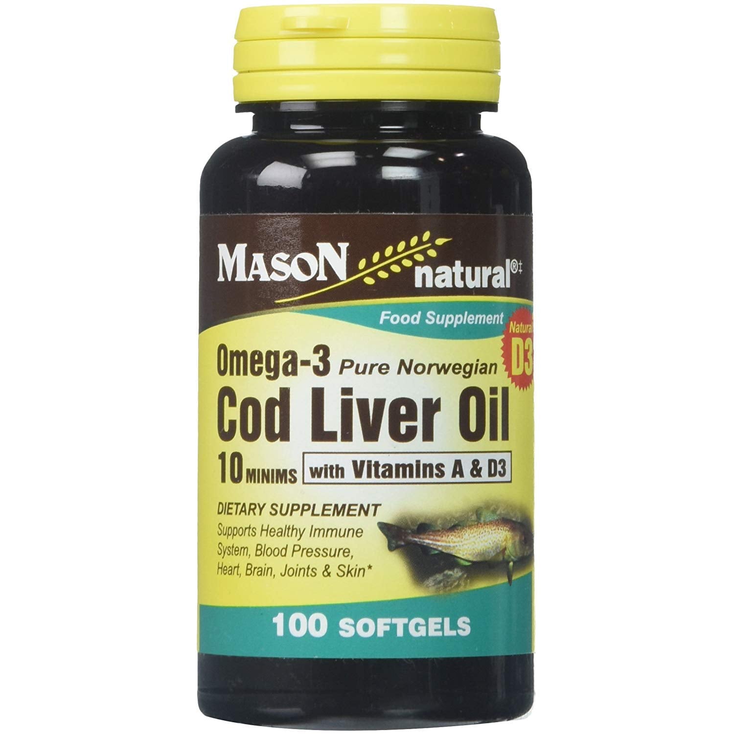 Mason Natural Omega-3 Cod Liver Oil with Vitamin A and D3 Softgels, 100 Softgels