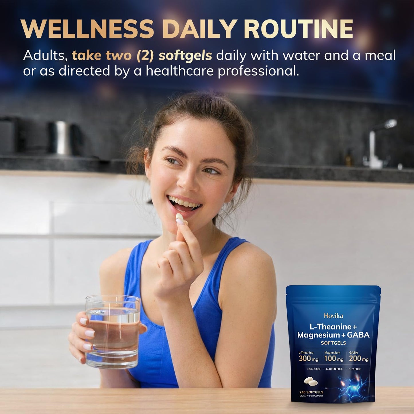 Hovika L-Theanine Softgels 300mg with Magnesium Bisglycinate 500mg, Magnesium Citrate 300mg, GABA 200mg | Enhanced Absorption with Coconut Oil | Calm, Relaxation & Focus Support | Non-GMO, 240 Count