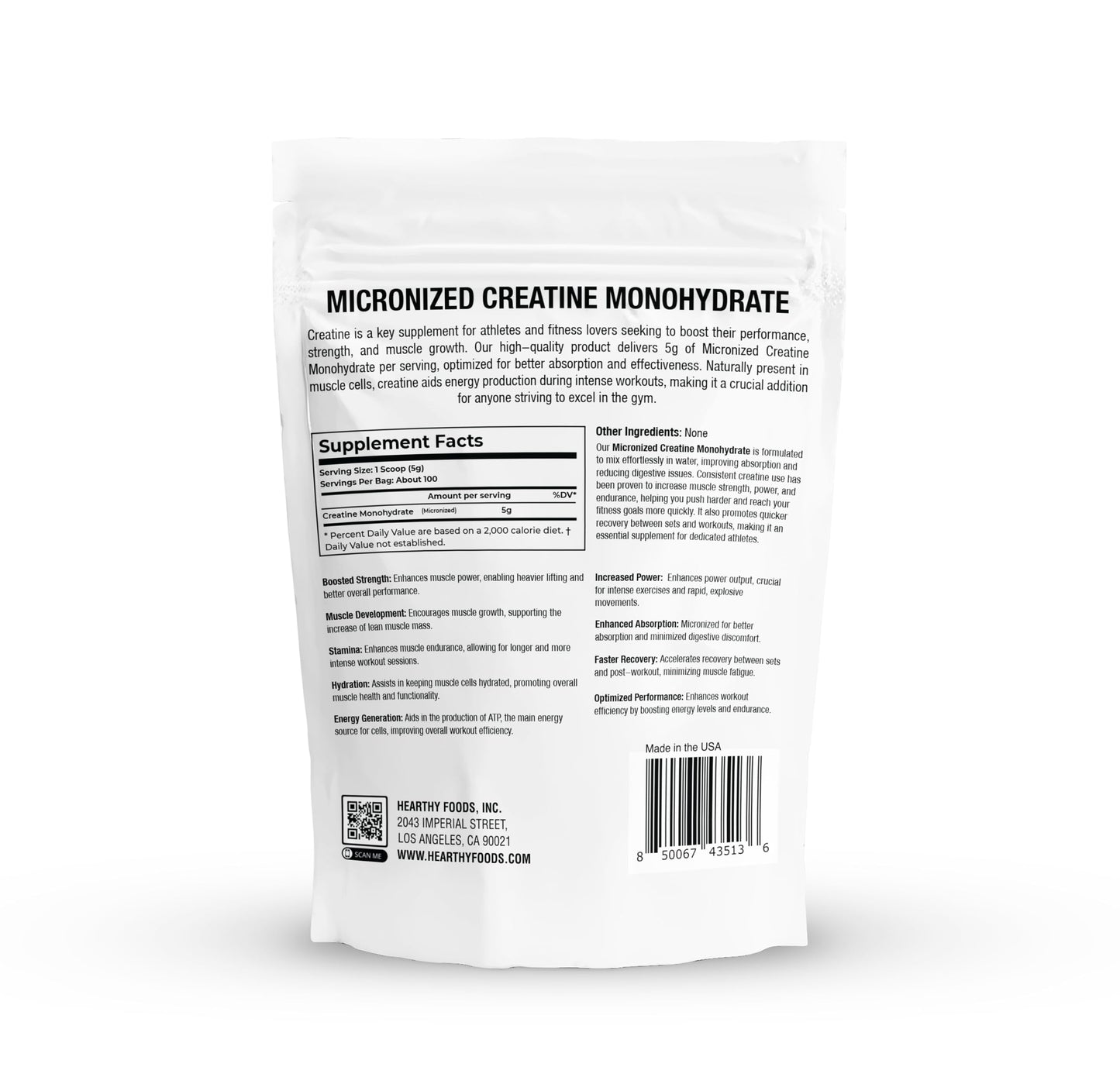 HEARTHY FOODS Creatine Monohydrate Micronized Powder, 100 Servings, 5000mg per Serving (5g), Unflavored, 17.6 oz