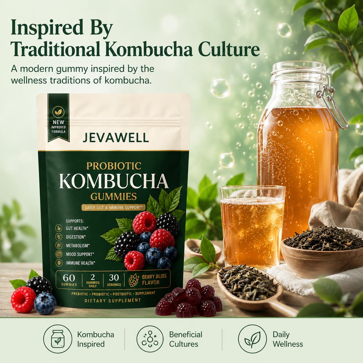 jevawell Probiotic Kombucha Gummies Softgel, 60 Count