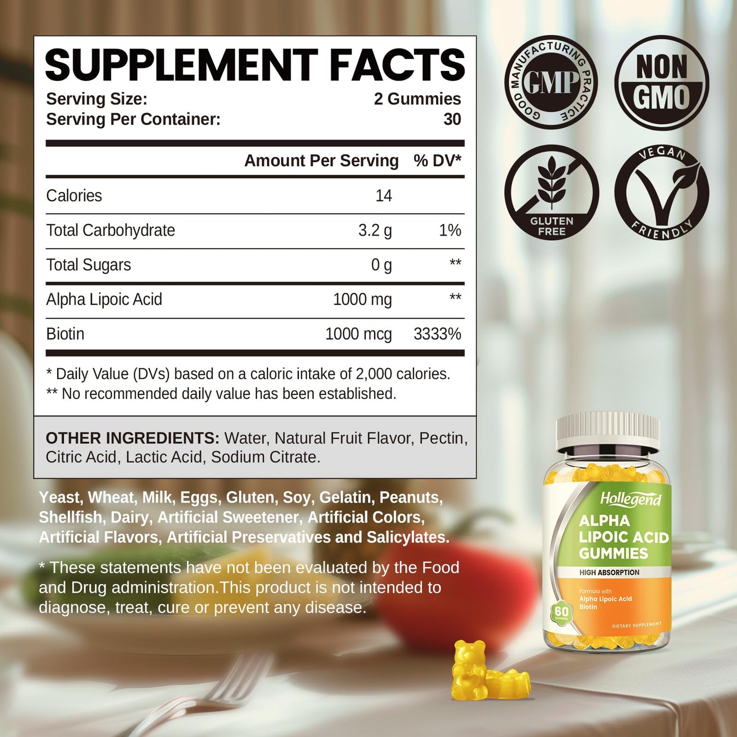 HOLLEGEND Alpha Lipoic Acid Gummy 1000mg with Biotin, High Absorption Chewable ALA Supplement for Antioxidant, Brain Health and Nerve Support, Pineapple Flavor, Sugar Free, 60 Gummies