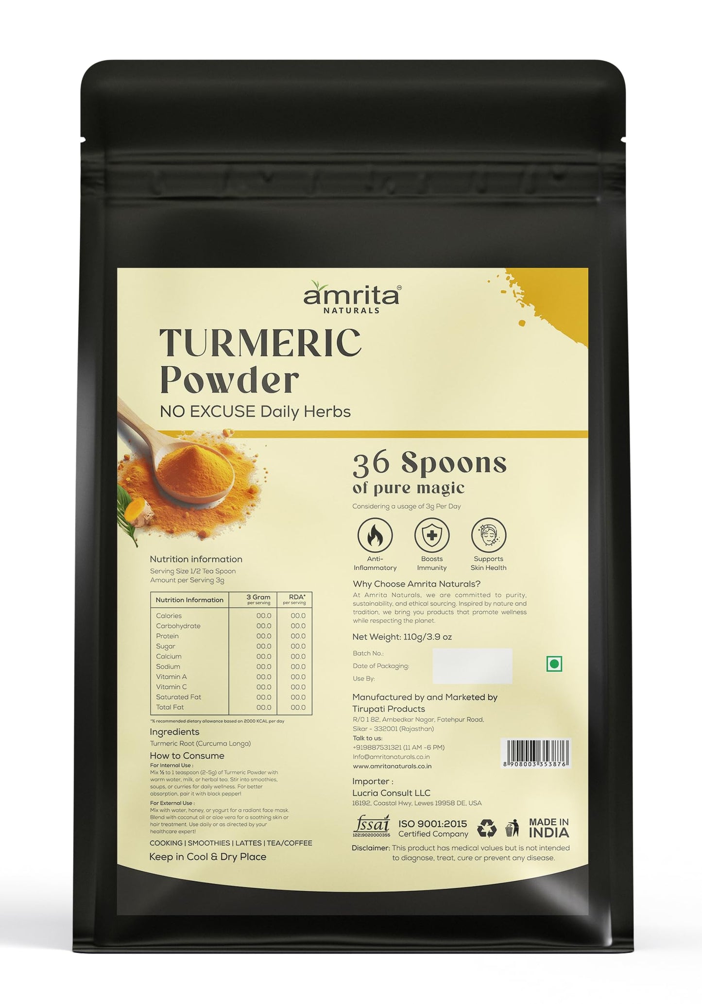 Amrita Naturals Turmeric Powder 3.88 Ounce Pack of 1