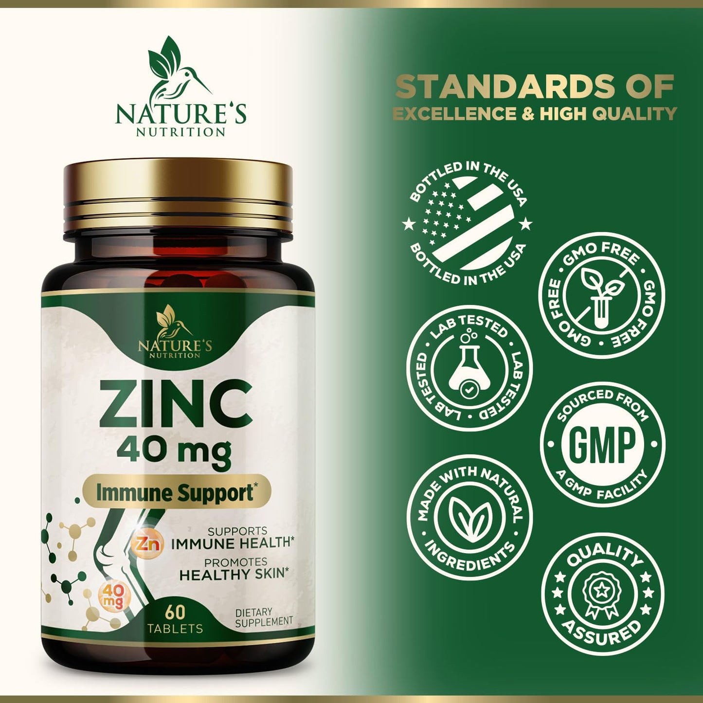 Nature's Nutrition Zinc 40mg Tablets, 60 Count