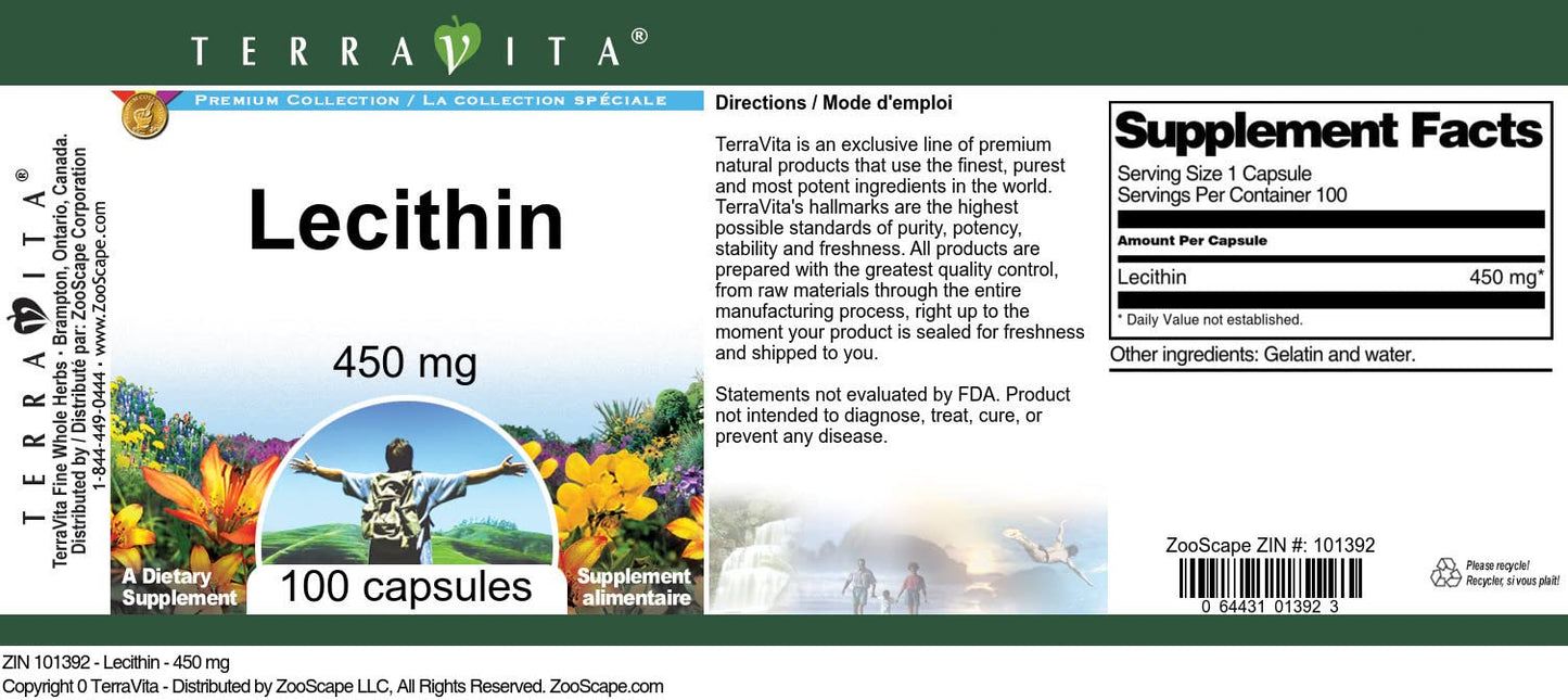 Terravita Lecithin 450 mg Capsules, 100 Count