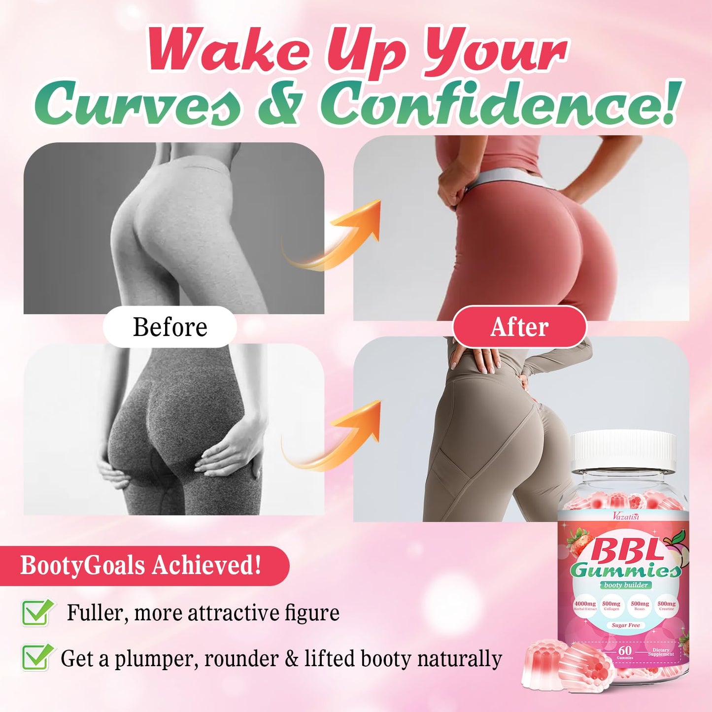 Vazatisi BBL Booty Gummies for Women – Sculpt, Lift & Firm Glutes – Creatine Monohydrate, Vitamins & Herbal BBL Blend - Boost Curves, Energy & Workout Recovery – Vegan, Non-GMO, 60 Gummies