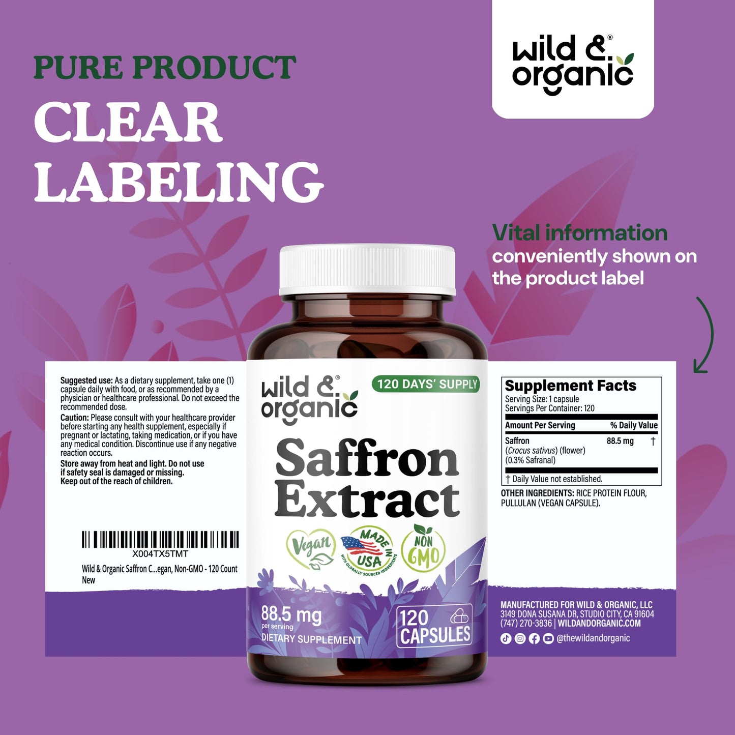 Wild & Organic Saffron 88.5 mg Capsules, 120 Count