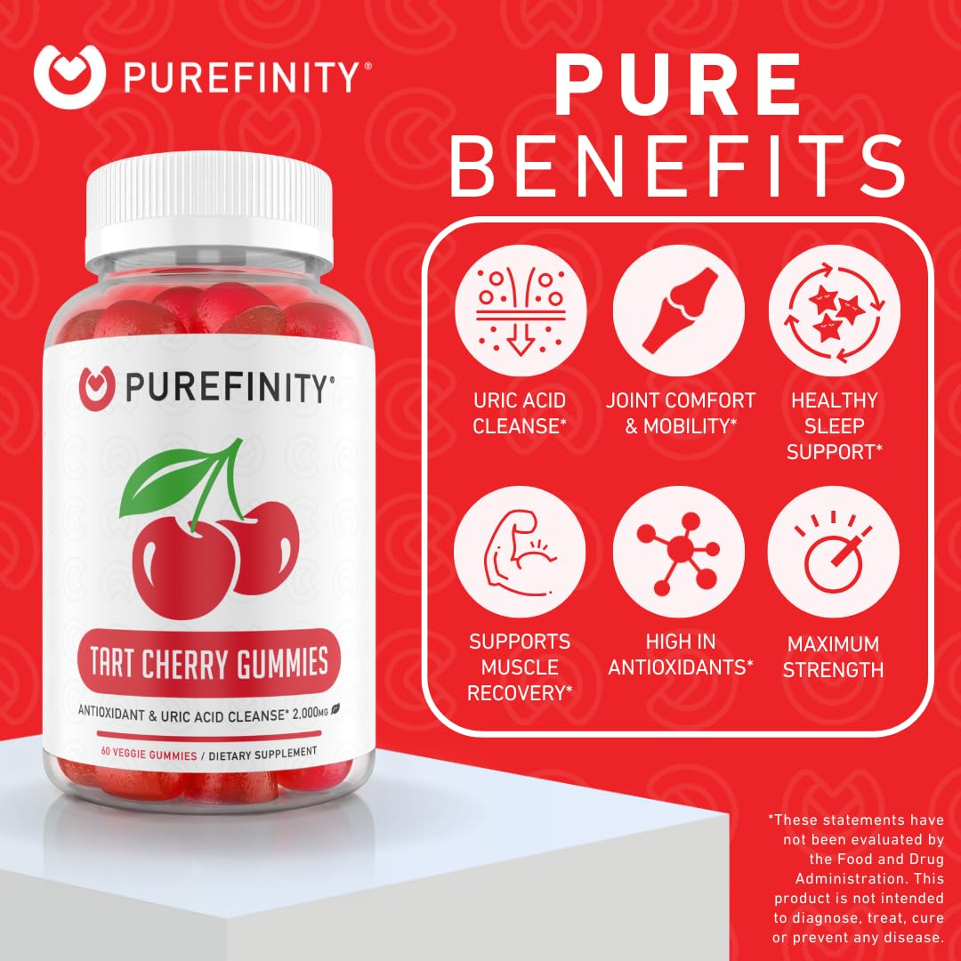 PUREFINITY Tart Cherry Gummy - Uric Acid Flush for Joint Relief & Recovery, Raw Juice Extract Antioxidant - Non-GMO, Gluten Free, Vegan, 60 Gummies