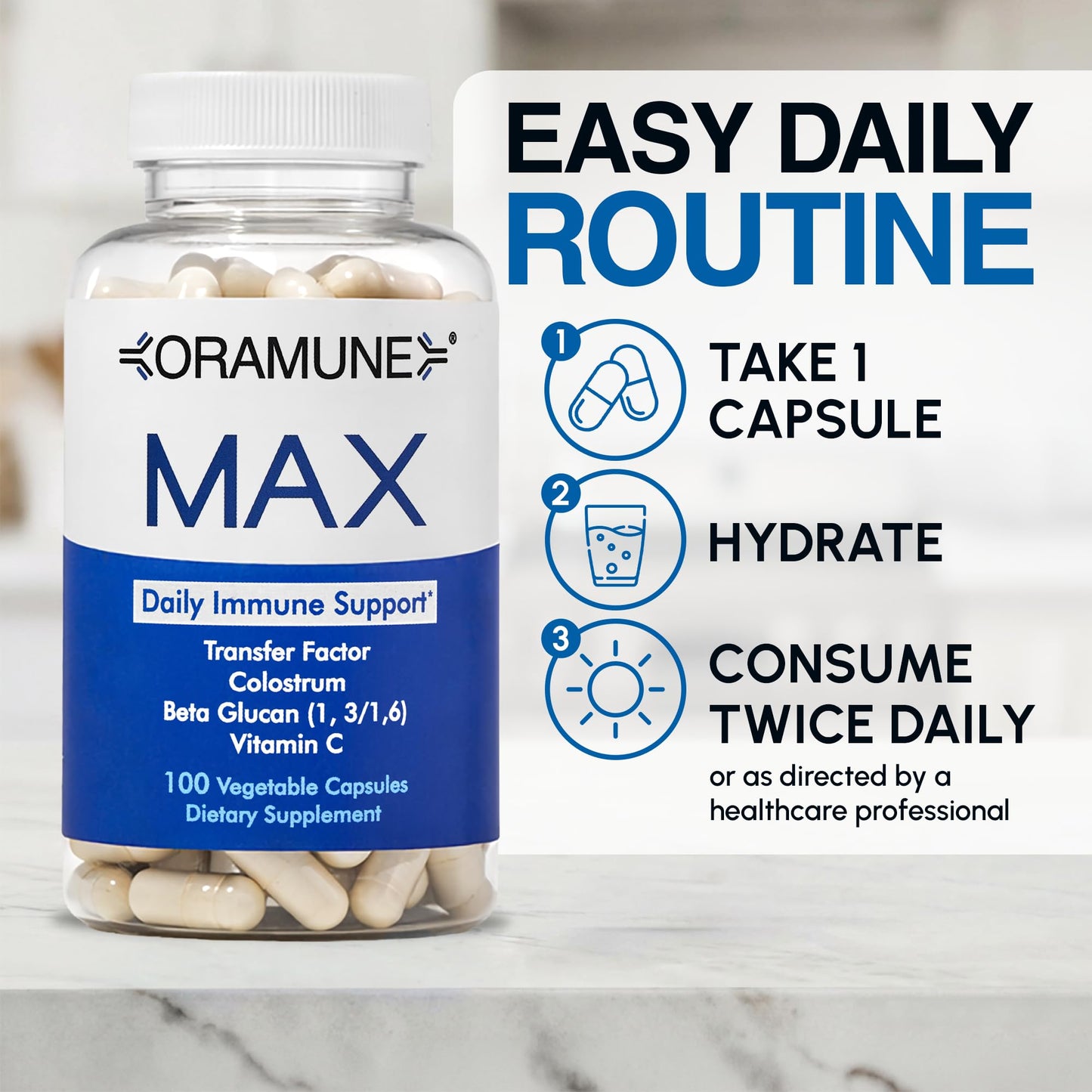 Oramune Max Support Supplement with Transfer Factor, Pure Bovine Colostrum, Beta-1, 3/1, 6-D Glucan & Vitamin C Capsules, 100 Count