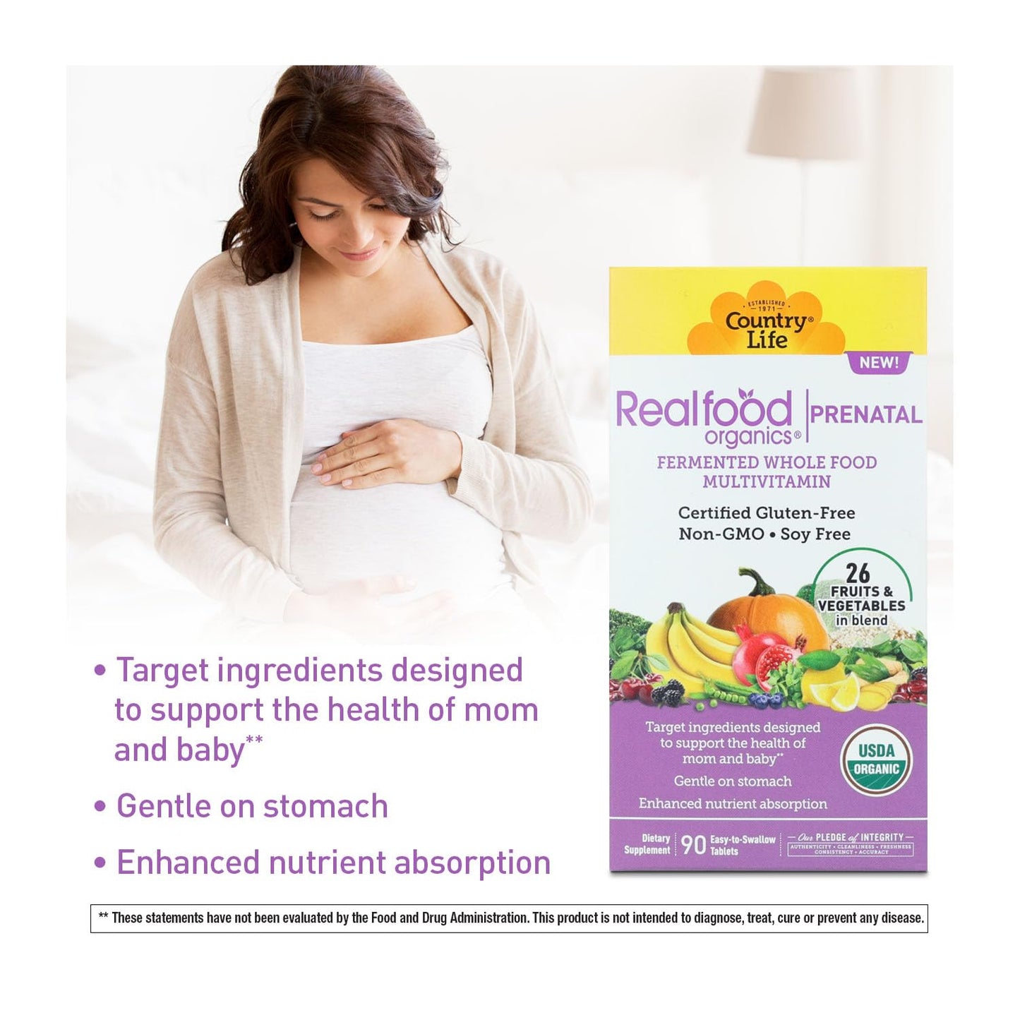 Country Life Realfood Organics Prenatal Multi - Before, During, & Post Pregnancy - Folate, D3 & Iron to Support Healthy Fetal Growth and Development*, Gentle on Stomach, Gluten-Free, Soy Free, 90 Tablets