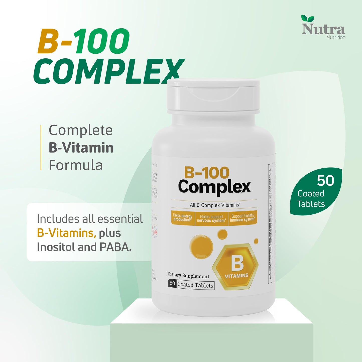 Nutra Nutrition B-100 Complex Vitamins Coated Tablets 50 Count