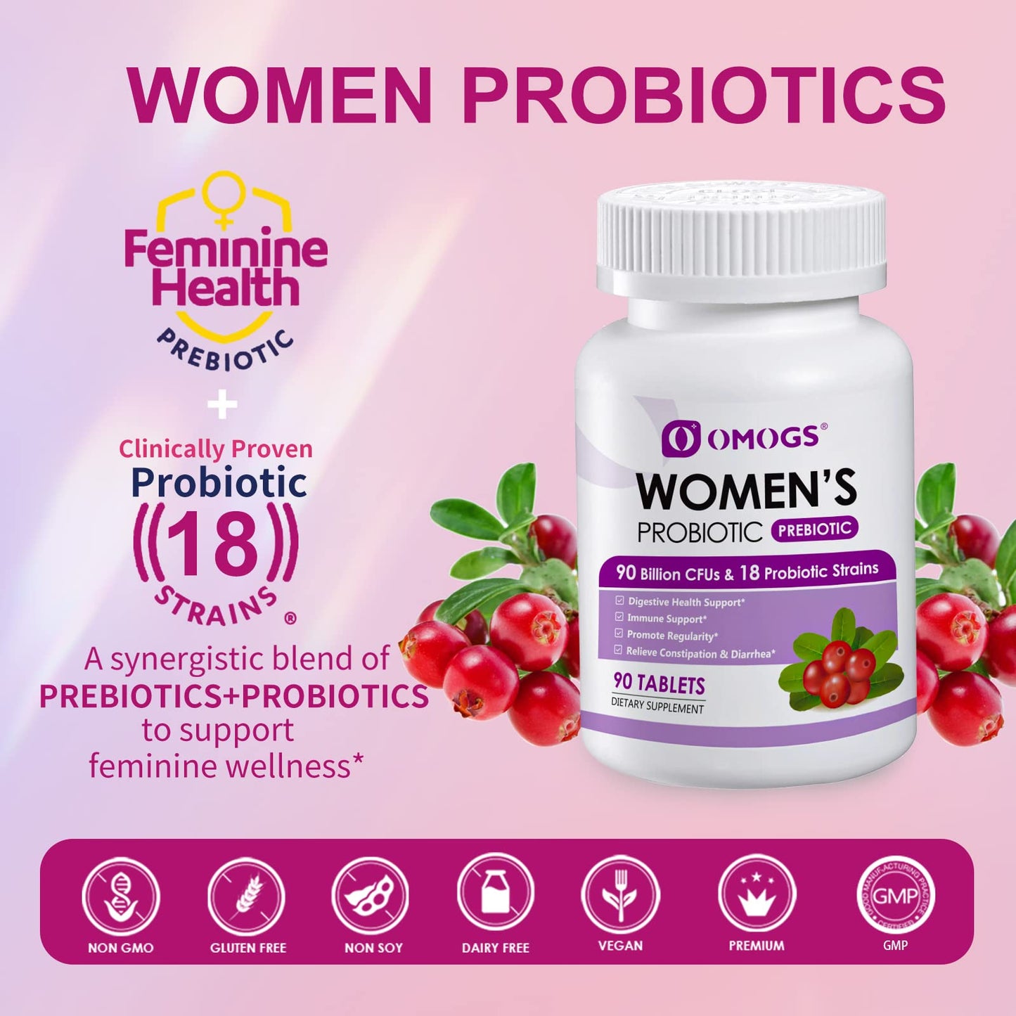 OMOGS Women's Probiotic with Cranberry Extract, Organic Prebiotics & Vitamin C, 180 Tablets