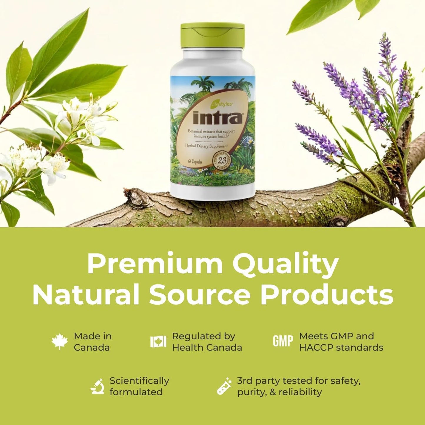 Intra Lifestyles Capsules Herbal Supplement for Immune and Energy Support, 23 Botanical Extracts, Made in Canada, 64 Capsules