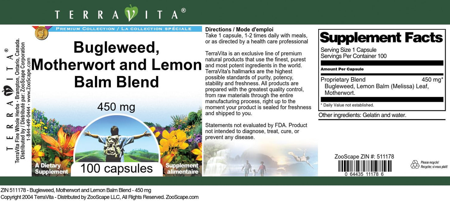 Terravita Thyroid Support - Bugleweed, Motherwort and Lemon Balm - 450 mg per Capsule, 300 Capsules