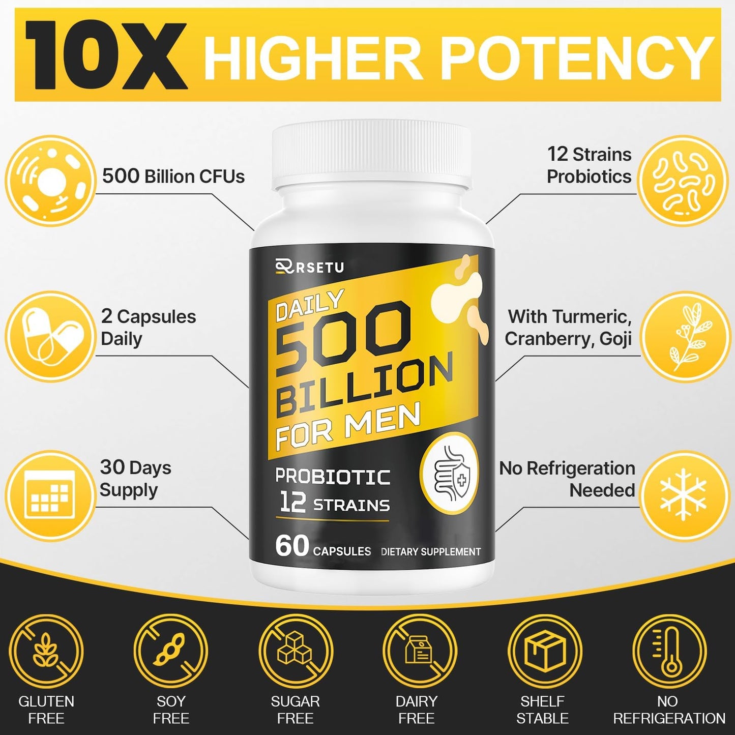 RSETU Probiotics for Men Capsule 60 Count - 500 Billion CFUs & 12 Strains with Turmeric Cranberry Goji