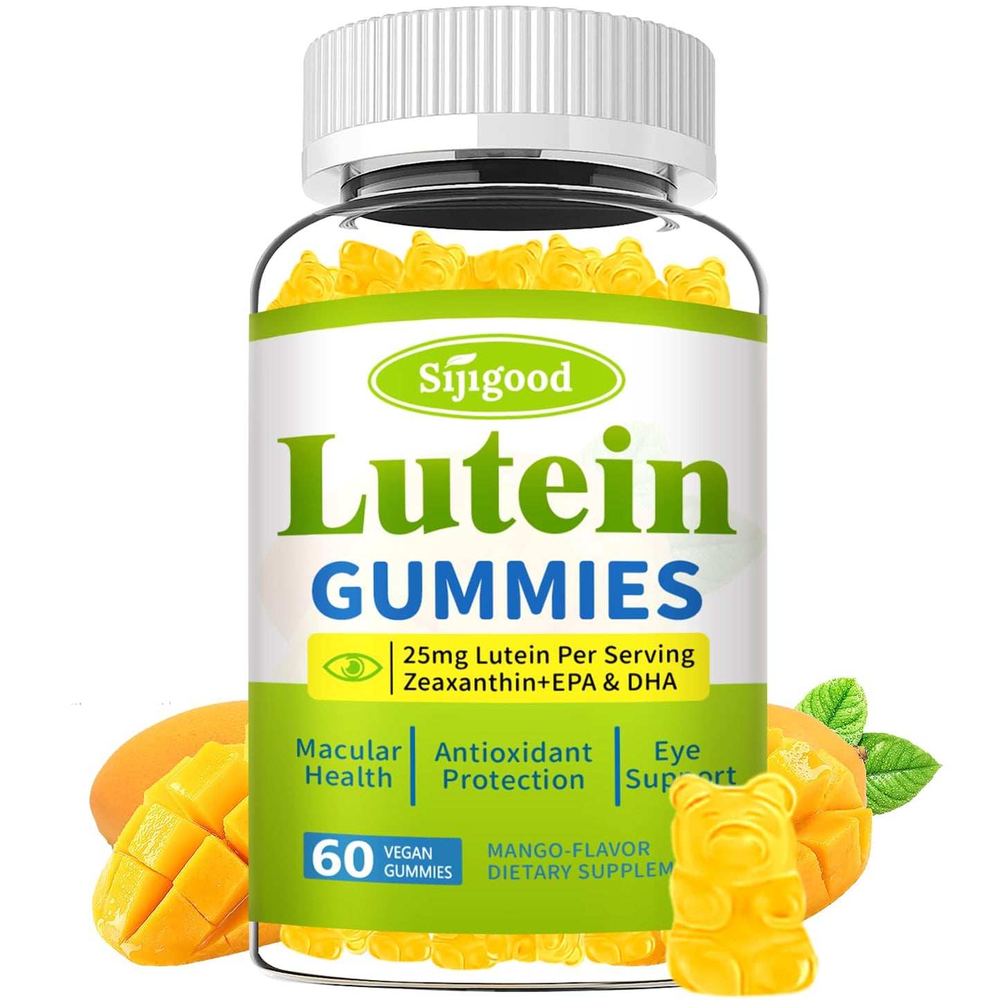 Sijigood Lutein and Zeaxanthin Supplements Gummies with Astaxanthin & Bilberry Extract Eye Vitamins with Omega-3, Vitamins A, C, E, D3 & Zinc for Vision Health Sugar Free, Mango Flavor, 60 Count