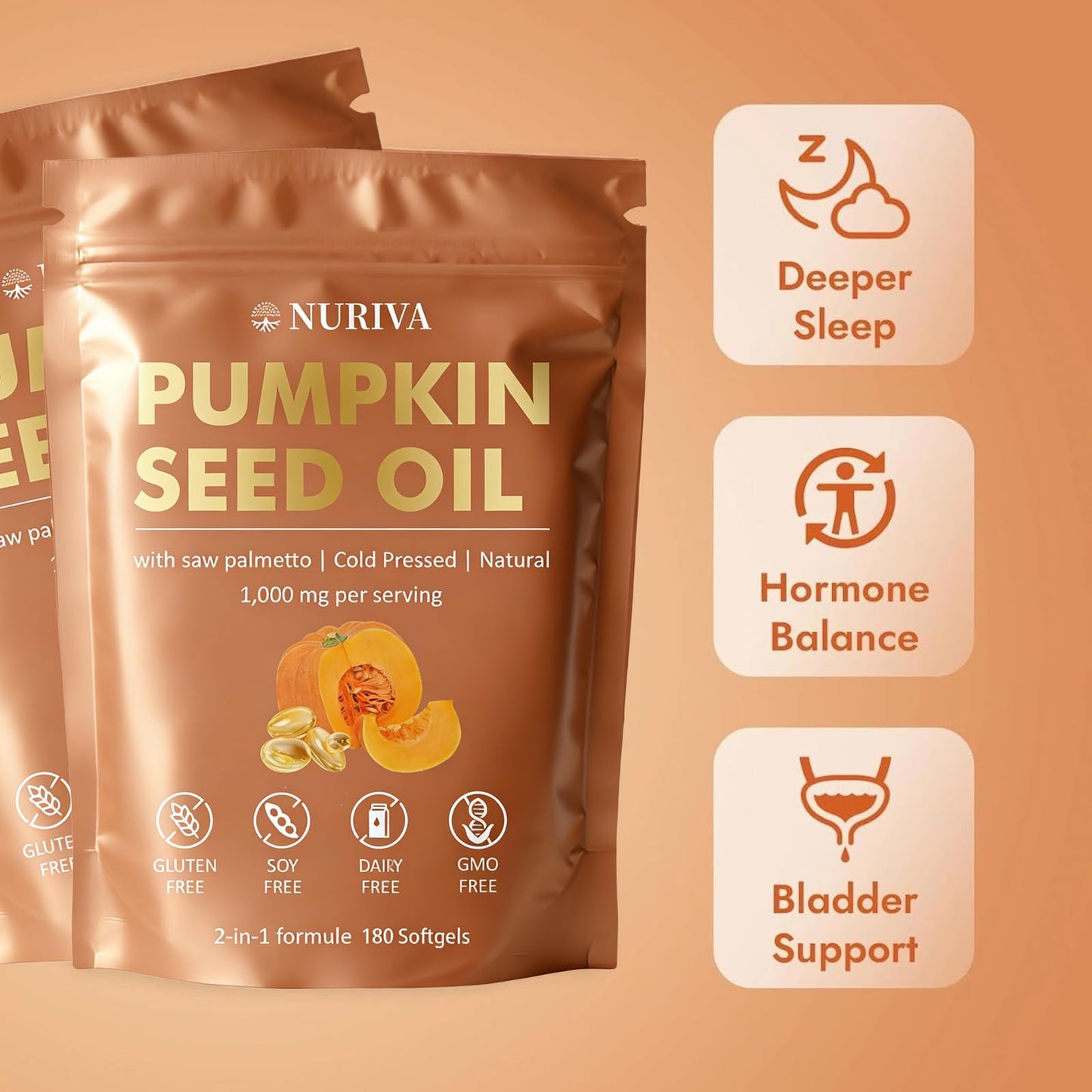 JRR NURIVA Pumpkin Seed Oil with Saw Palmetto – Cold Pressed, Pure Virgin Oil, Rich in Essential Fatty Acids & Phytosterols – Supports Hair, Urinary & Prostate Health – Non-GMO, 100% Natural, 60 Capsules