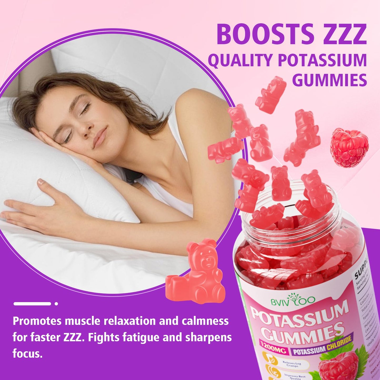 BVIVLOO Potassium Gummies for Adults with 1200mg Potassium Chloride - Supports Muscle Health & Leg Cramps, Raspberry Flavor, 2 Pack