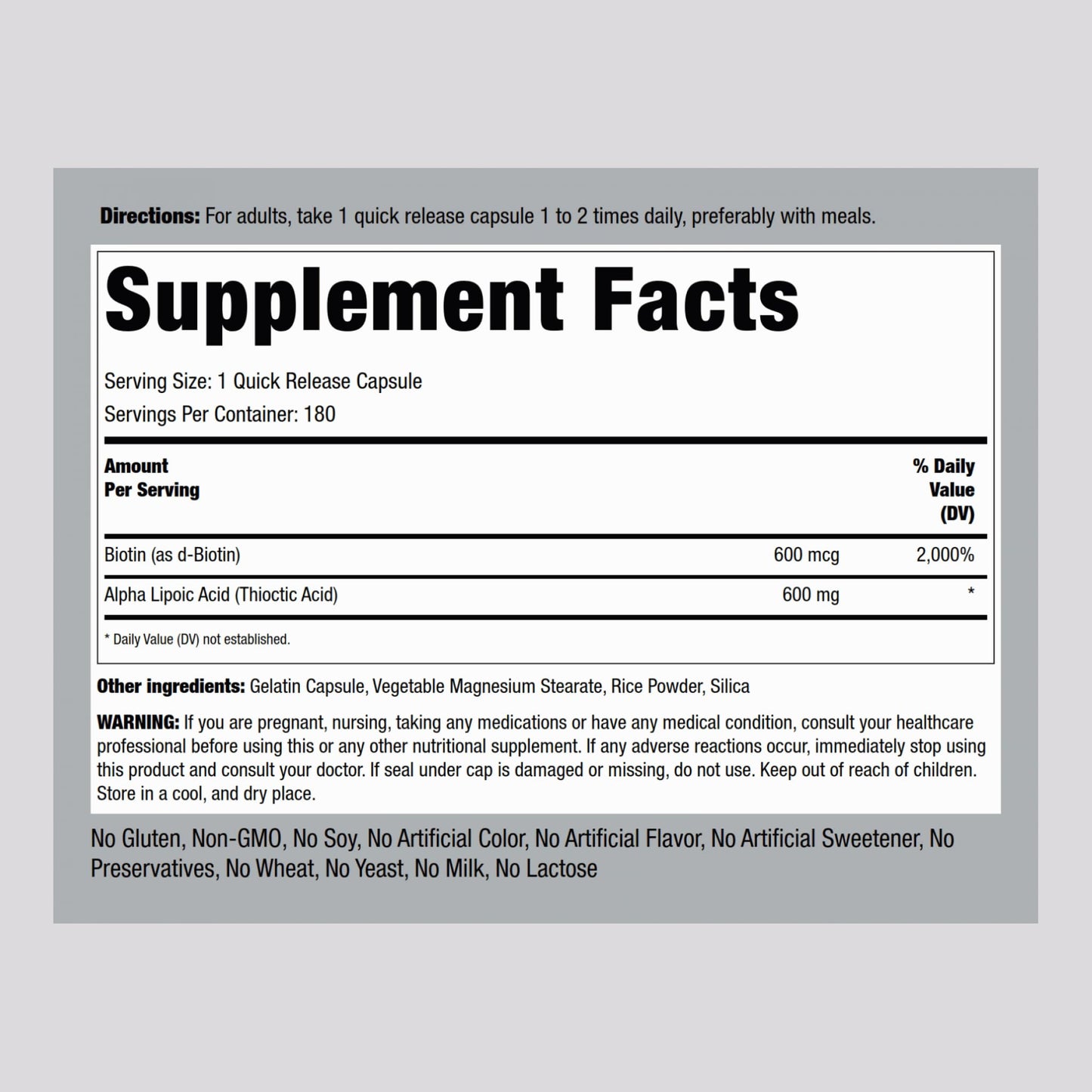 Piping Rock Alpha Lipoic Acid 600mg 180 Capsules