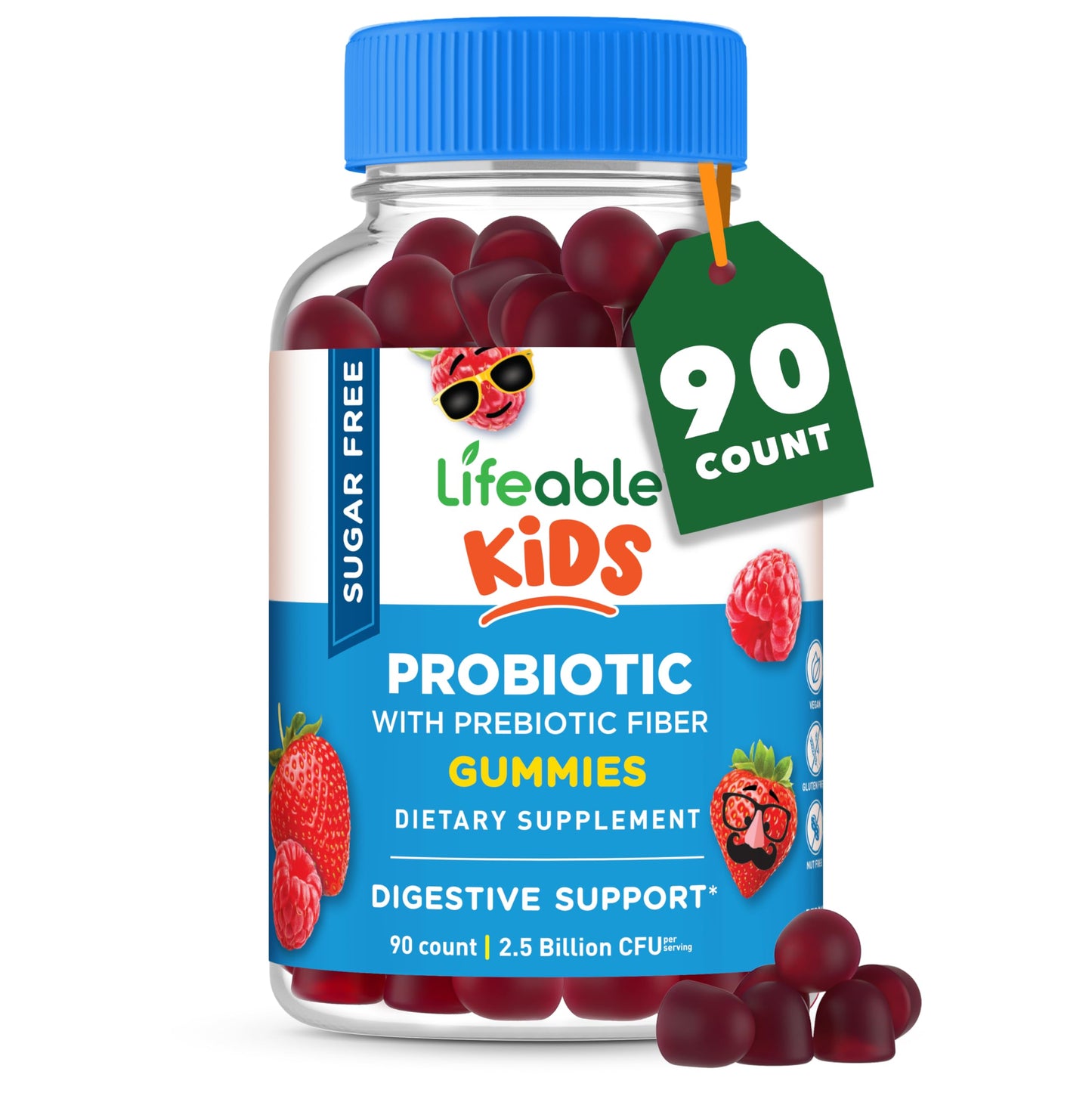 Lifeable Sugar Free Probiotics with Prebiotics Fiber for Kids Chewable Gummies 90 Count