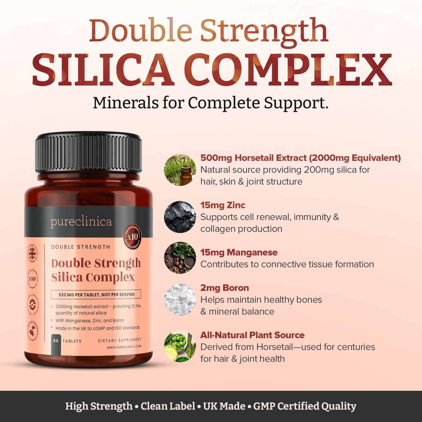 pureclinica Silica Complex 500mg Horsetail Extract (4:1) per Tablet with Zinc, Manganese & Boron, 90 Tablets