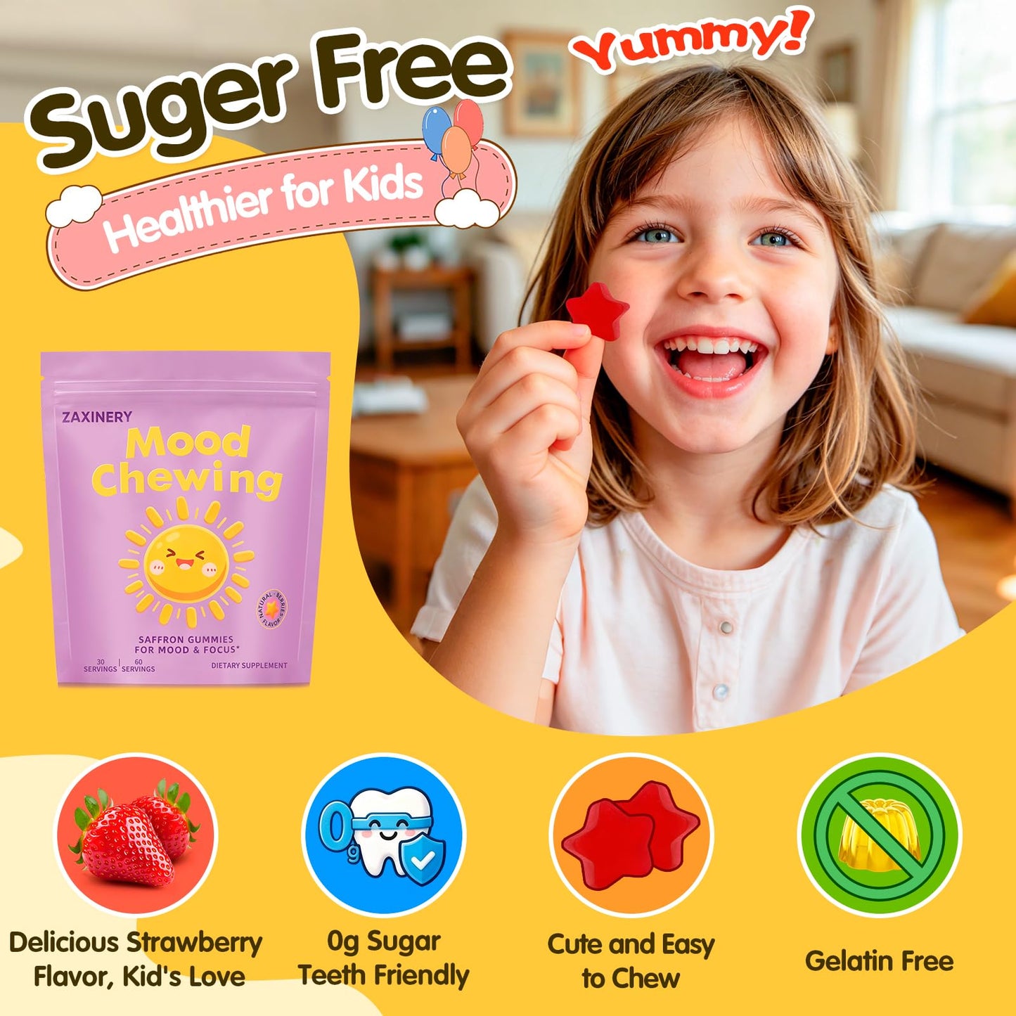 ZAXINERY Saffron Gummies for Kids, 60 Gummies