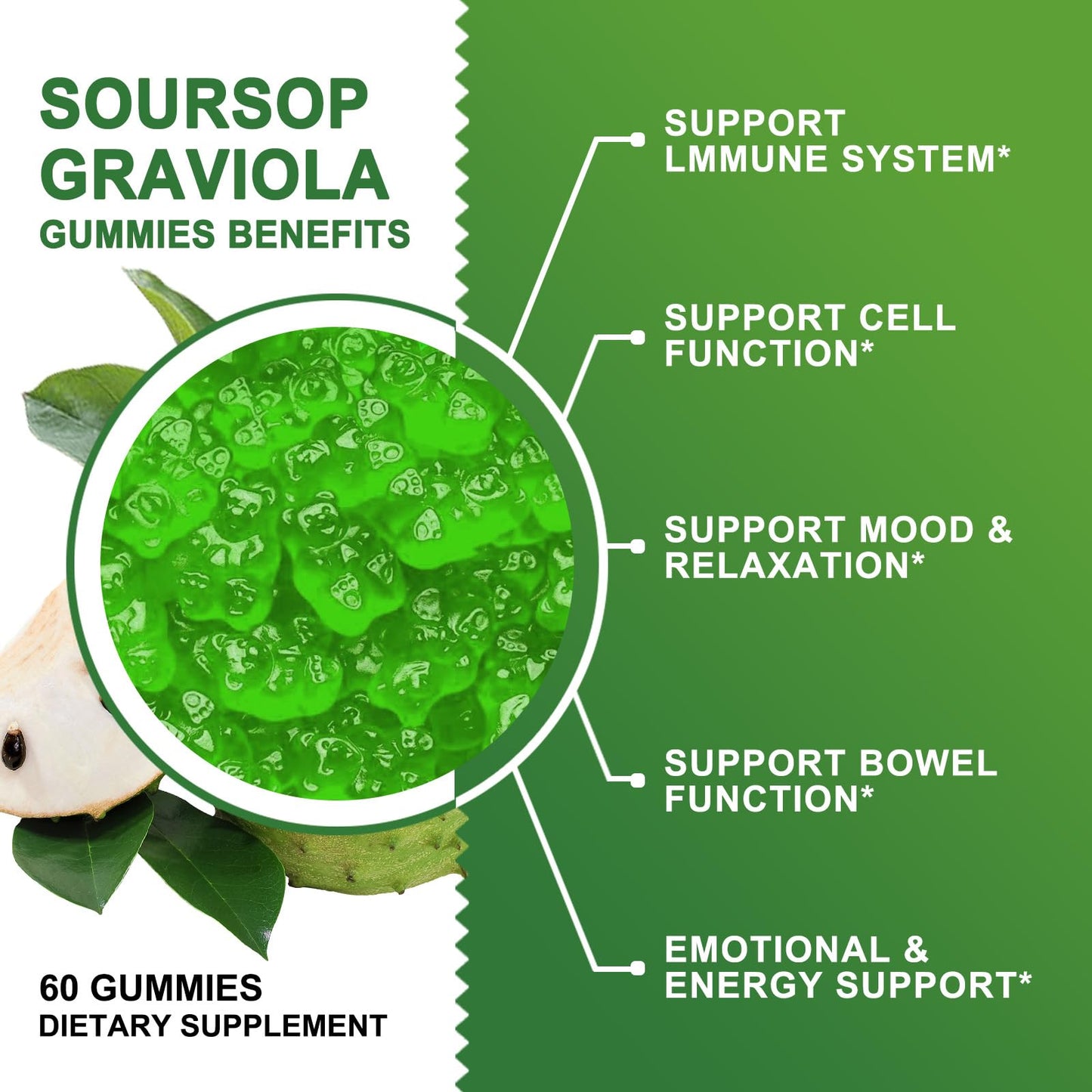 GORNVB Organic Soursop Graviola Gummies - 2200mg Extra Strength Soursop Leaves Extract with Sea Moss Extract 200mg, Zinc & Vitamin C - Supports Immunity, Liver, Zzz & Antioxidant - Gluten Free, Vegan, 60 Gummies